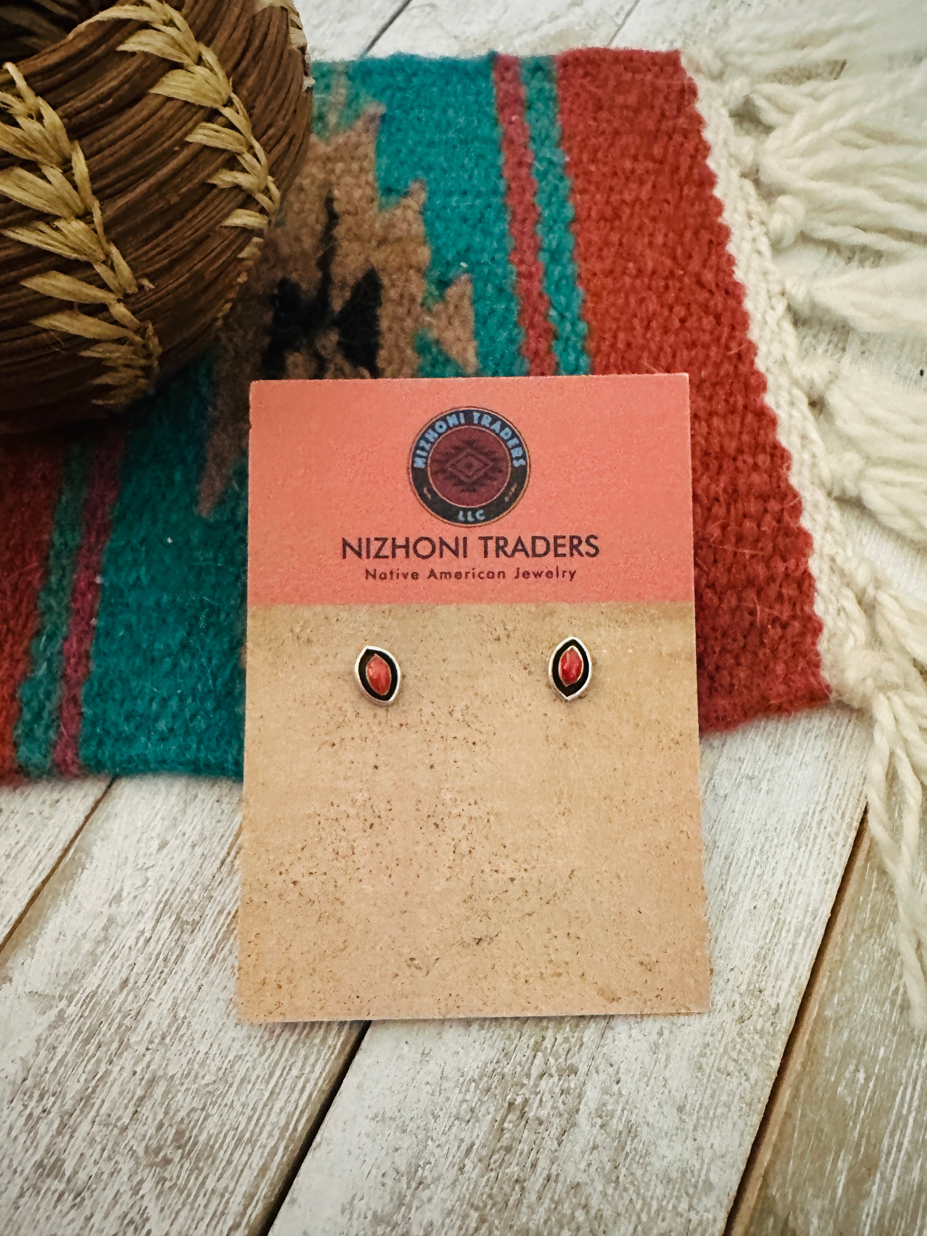 Zuni Coral & Sterling Silver Shadowbox Stud Earrings