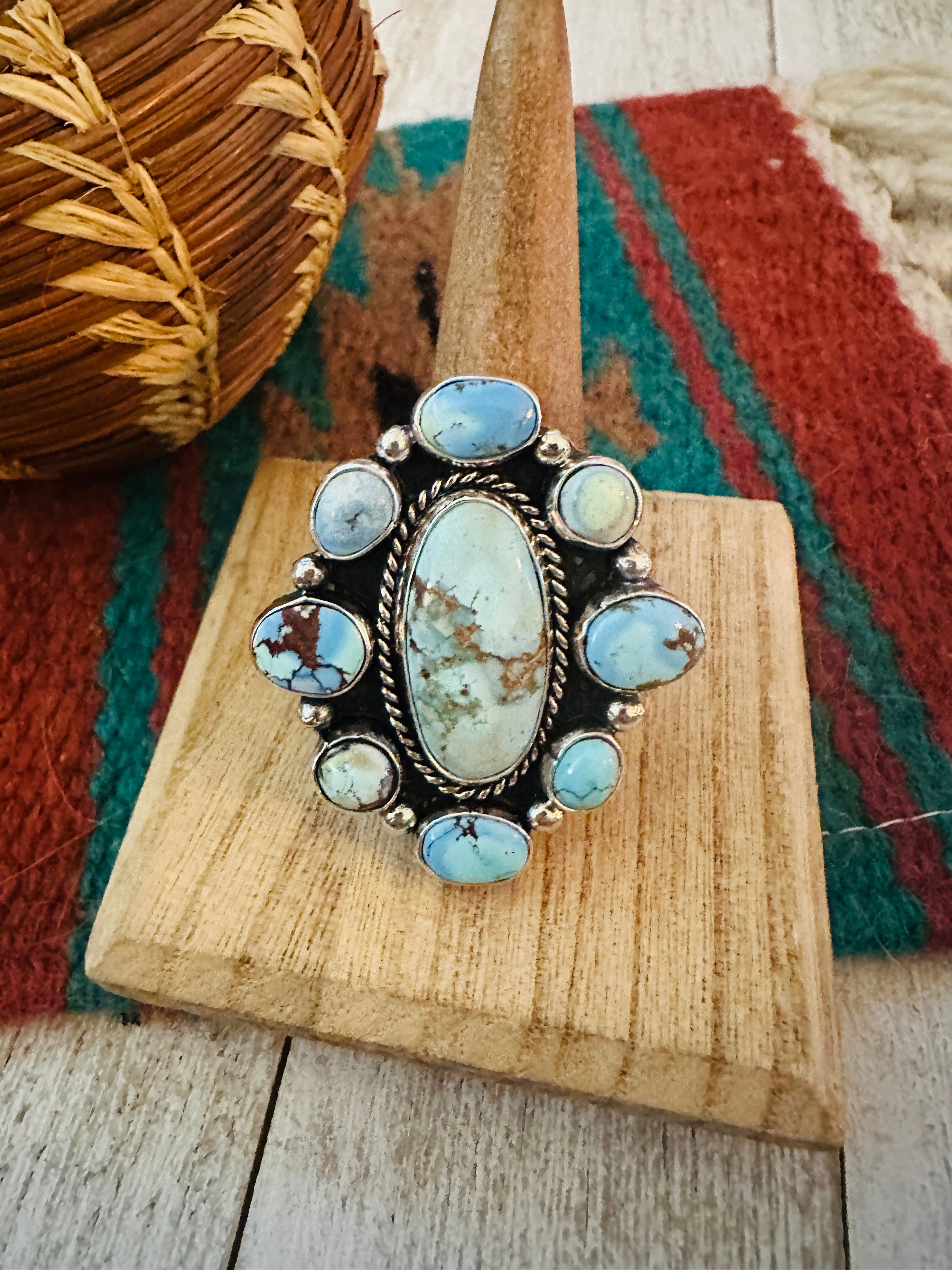 Navajo Sterling Silver & Golden Hills Turquoise Cluster Adjustable Ring