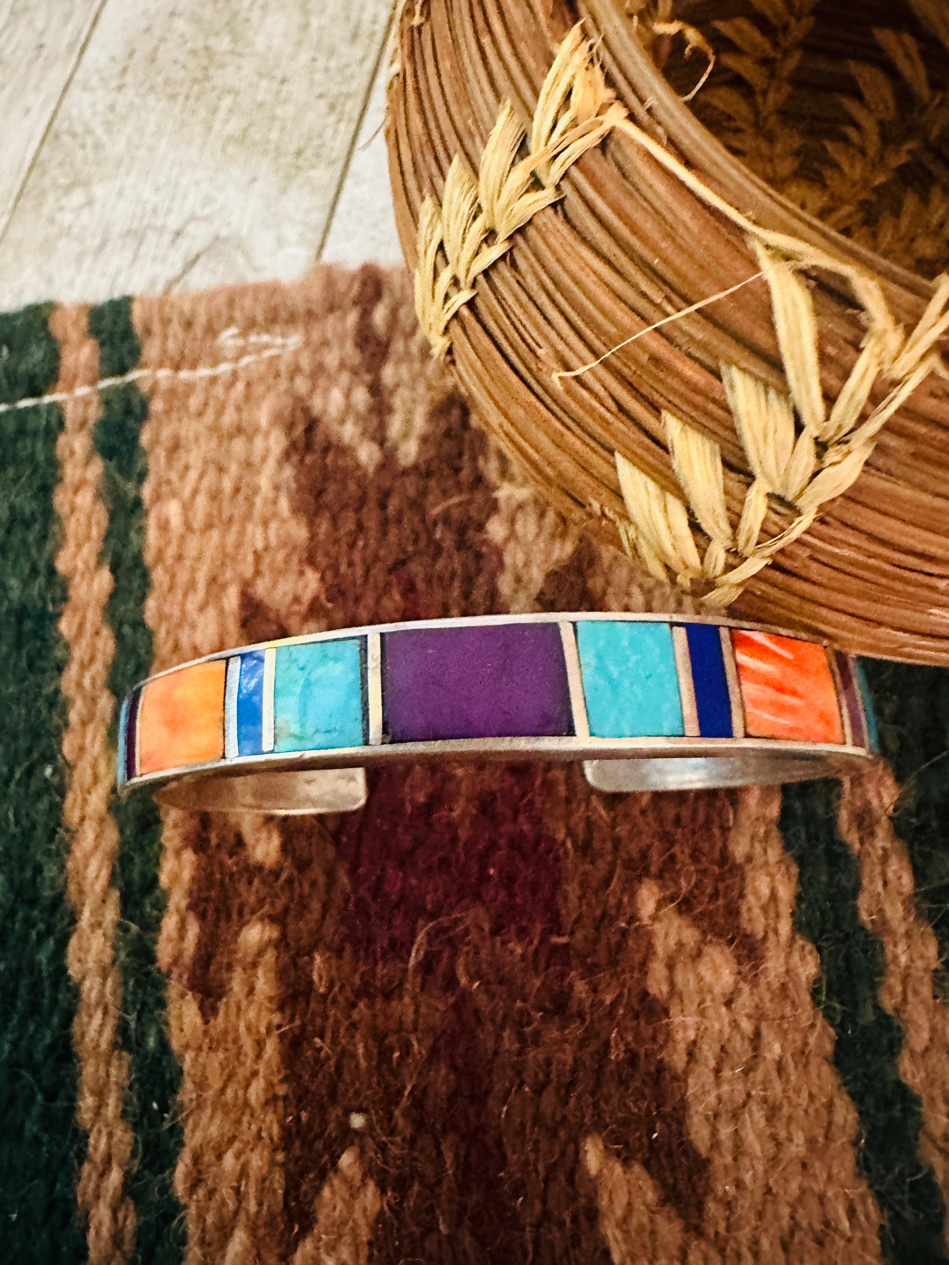 Handcrafted Old Pawn Multi Stone & Sterling Silver Inlay Cuff Bracelet