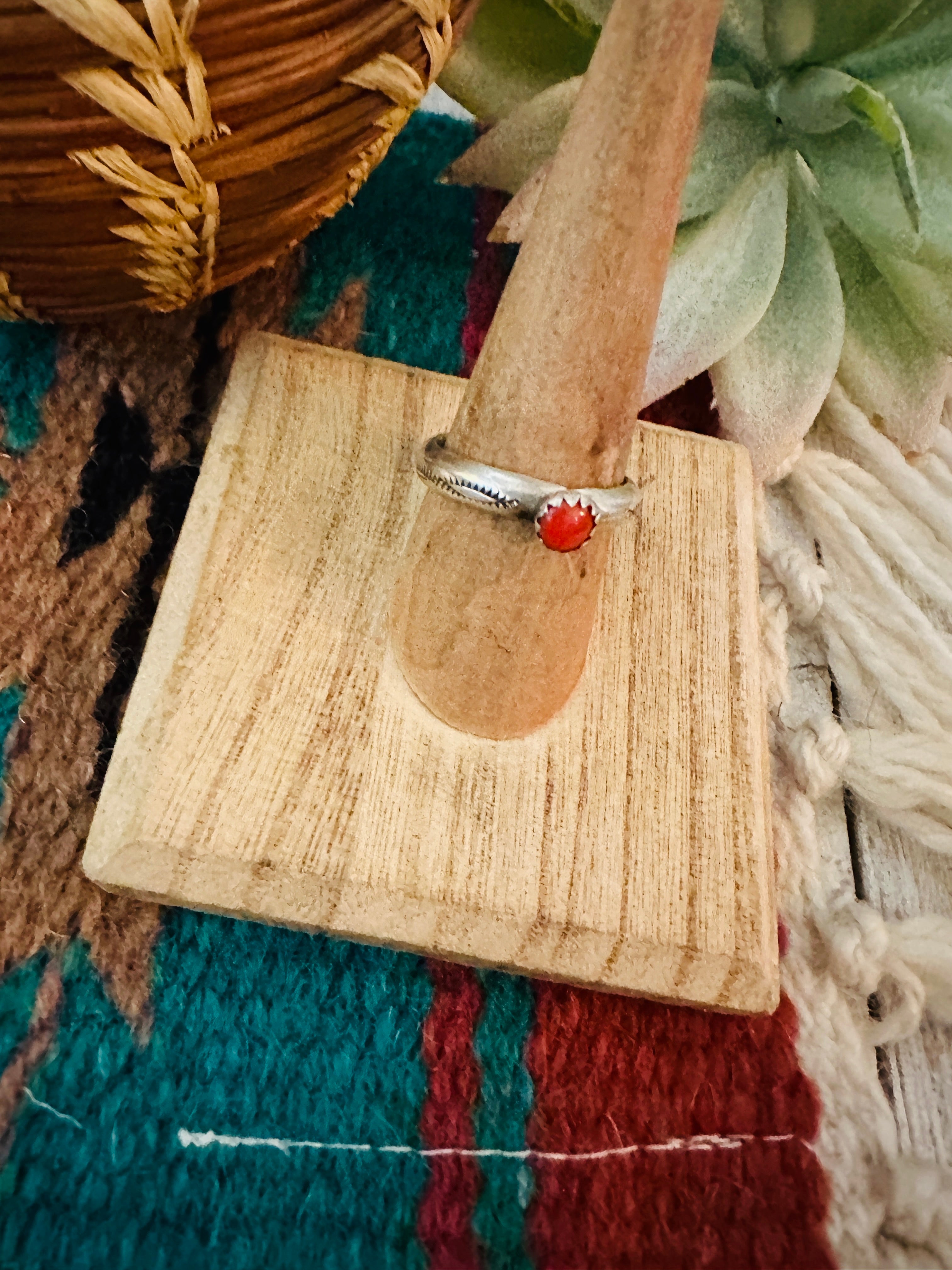 Navajo Sterling Silver & Coral Ring Size 7.75