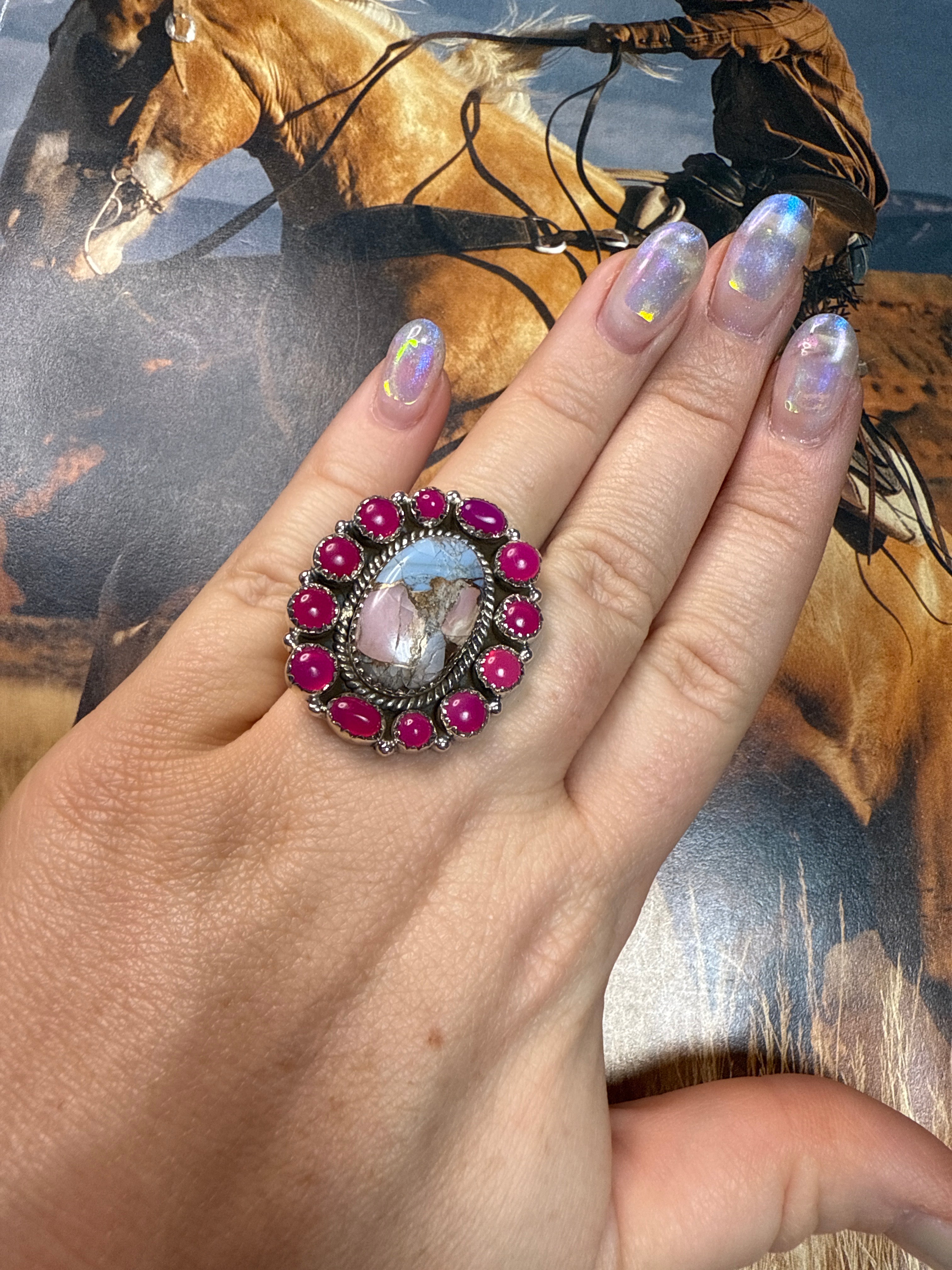 Handmade Sterling Silver, Pink Conch Mojave & Pink Opal Adjustable Ring