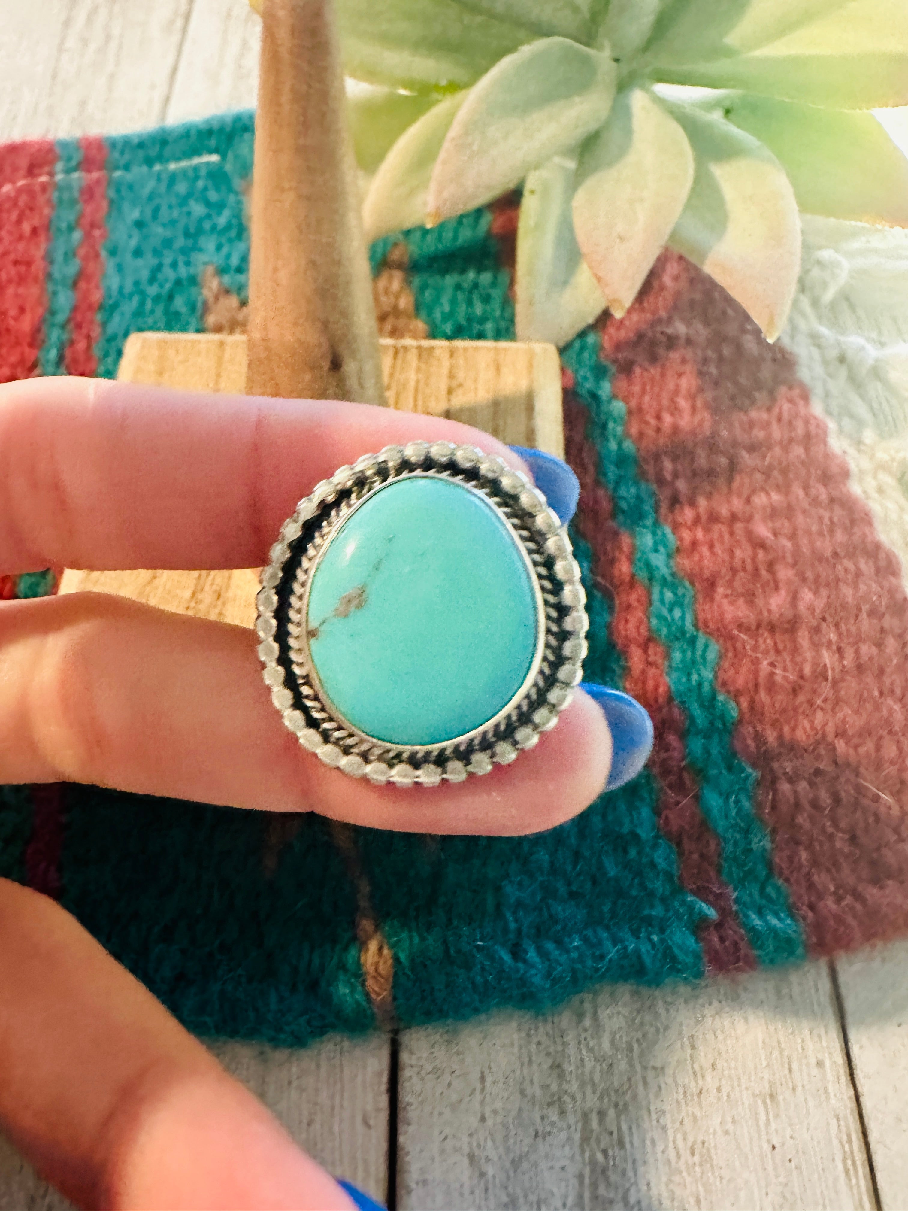 Navajo Morenci Turquoise & Sterling Silver Ring Size 8 Signed