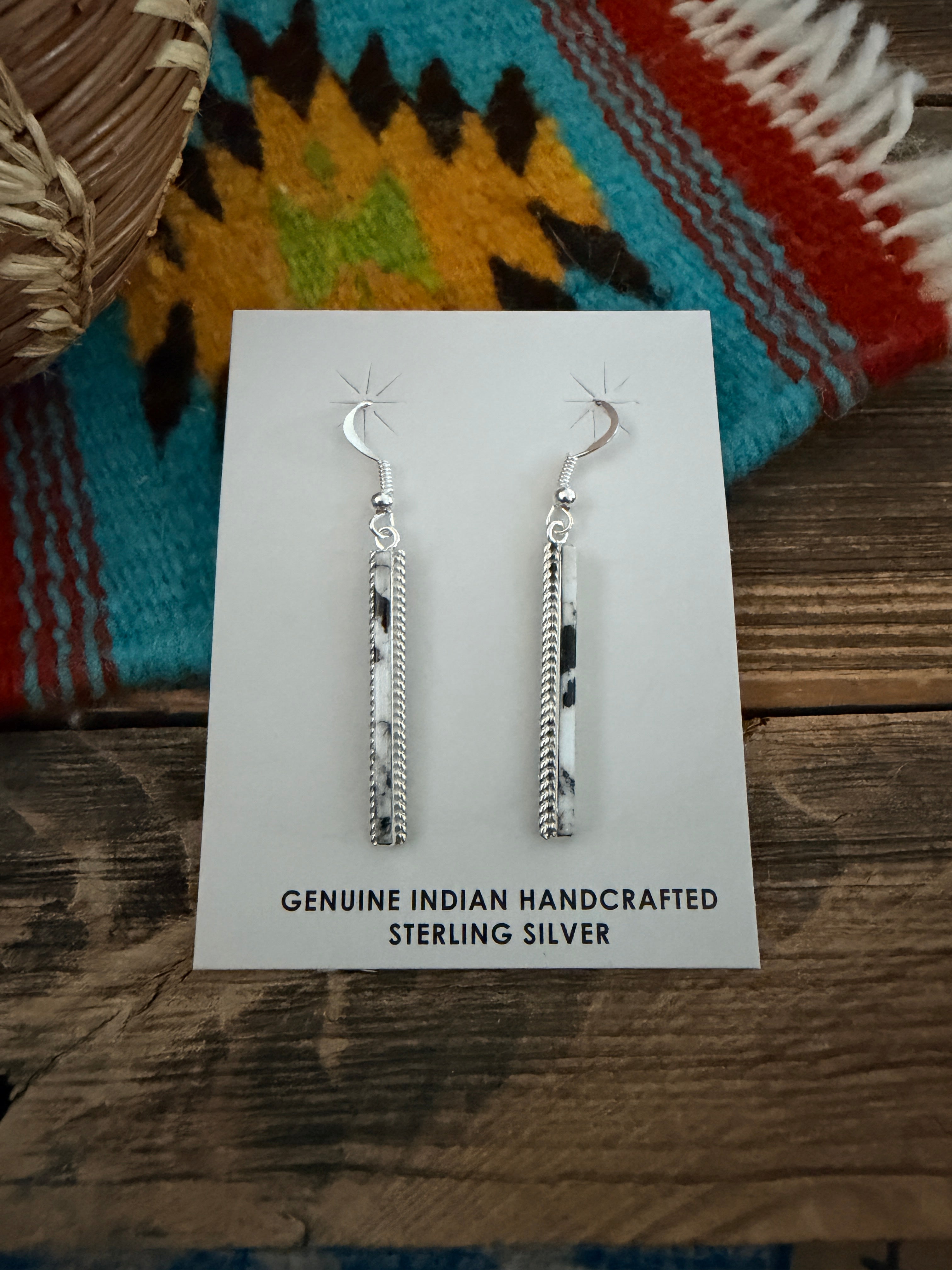 Handcrafted White Buffalo & Sterling Silver Inlay Dangle Earrings by Allen Barney
