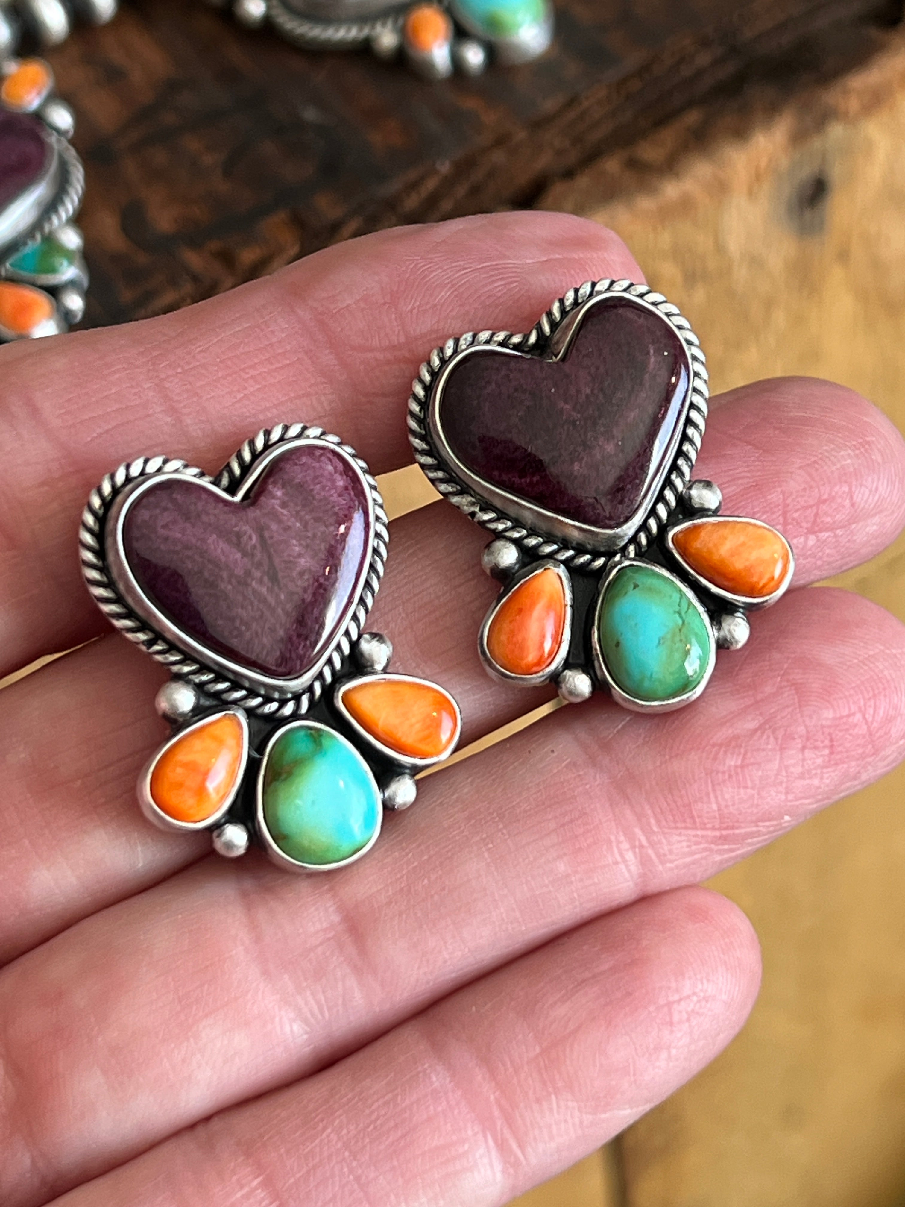 Handcrafted Sterling Silver Electric Rainbow Beaded Heart Cluster Necklace & Earrings Set by Angela Martin