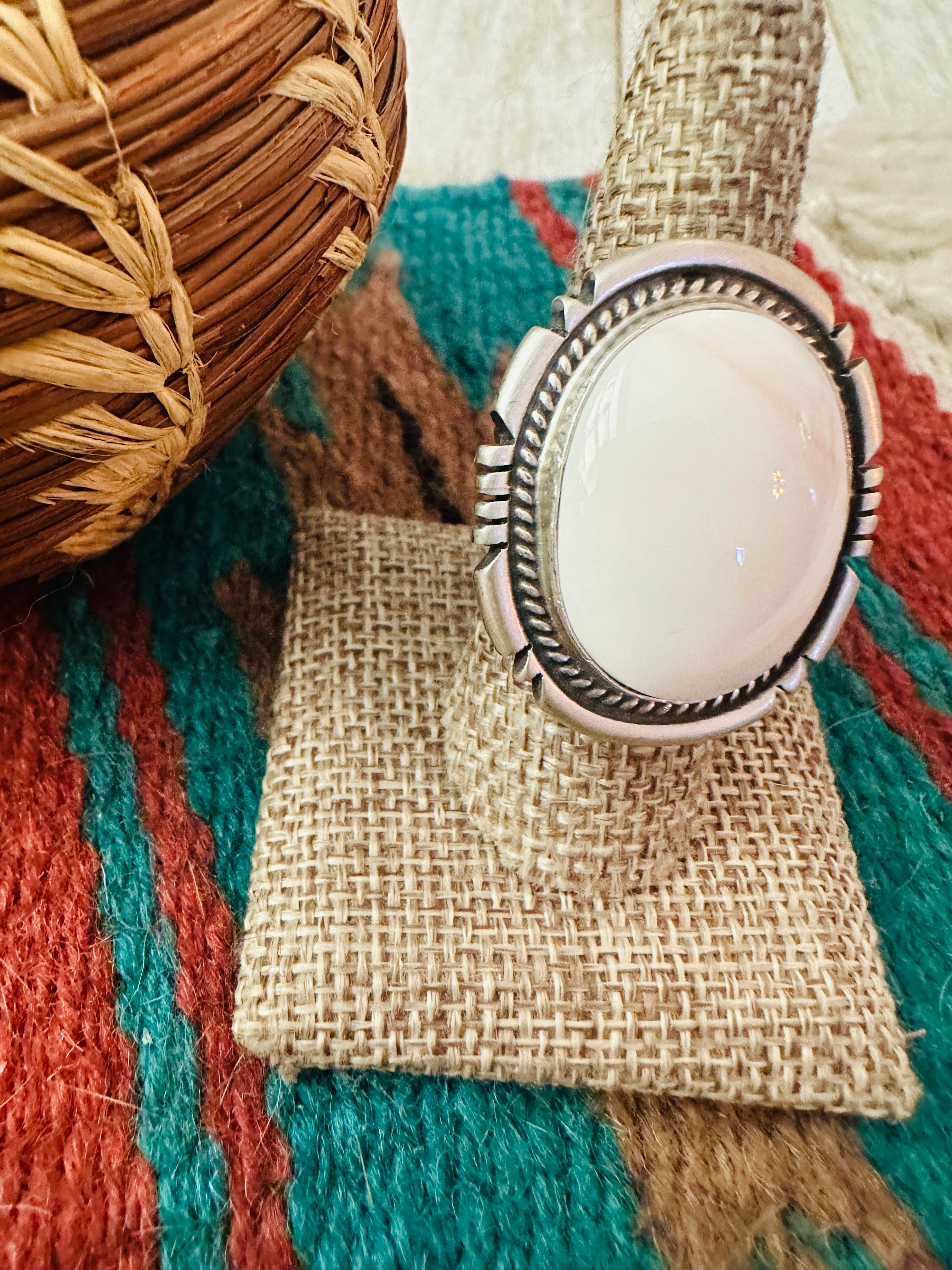 Handcrafted Queen Pink Conch & Sterling Silver Adjustable Ring