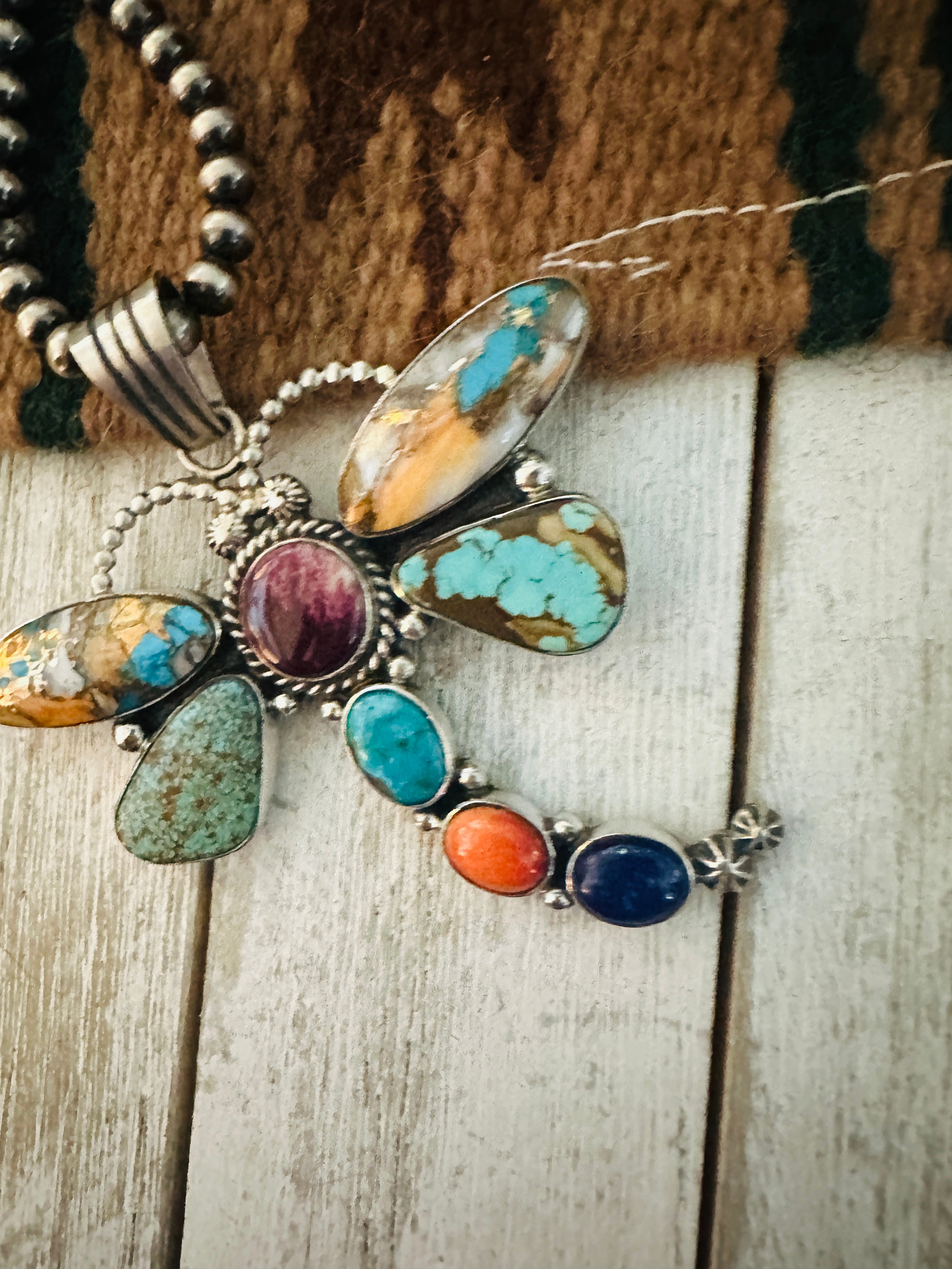 Navajo Multi Stone & Sterling Silver Dragonfly Pendant