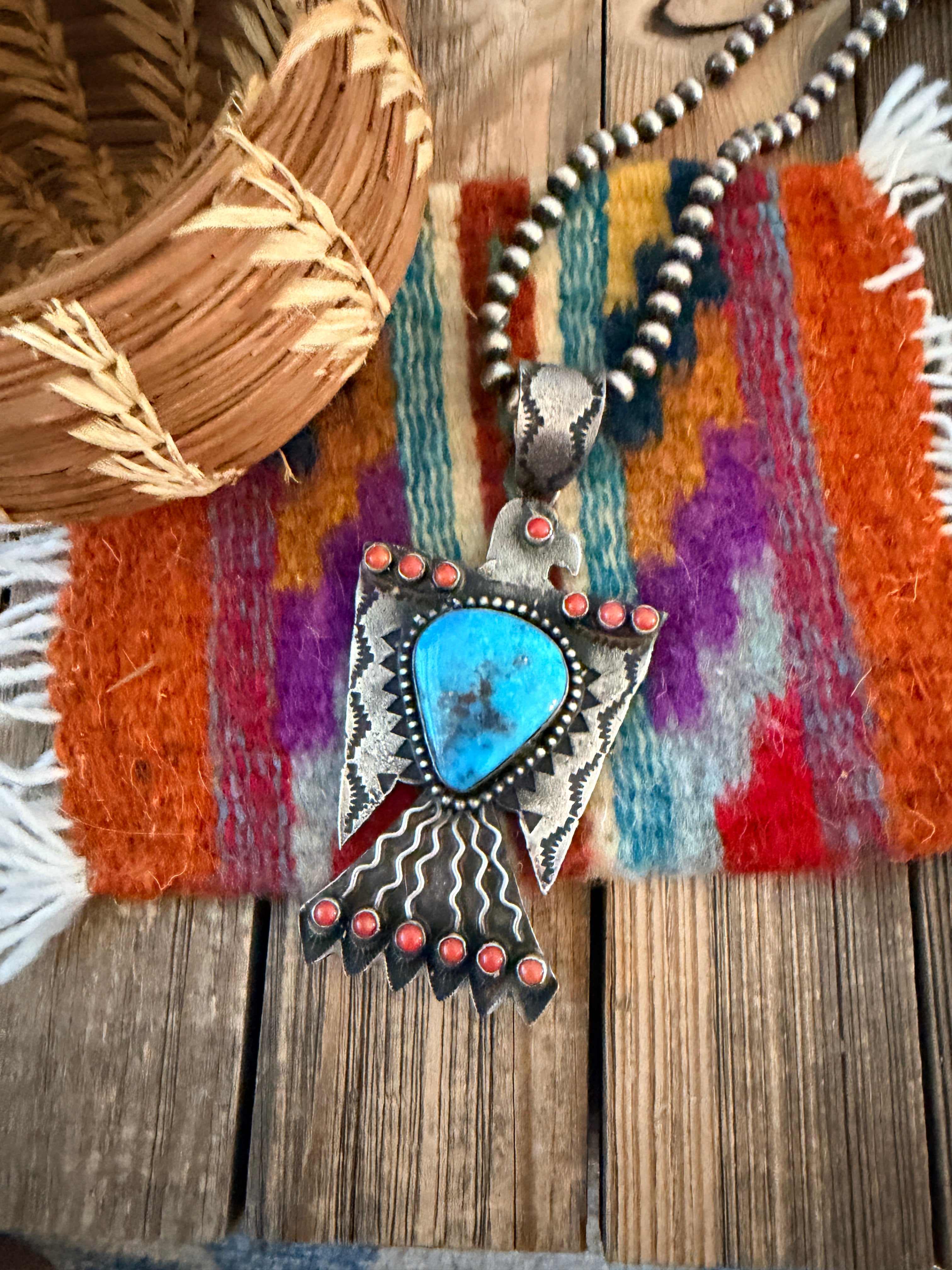 Handcrafted Sterling Silver, Turquoise & Coral Thunderbird Pendant by Shawn Cayatineto