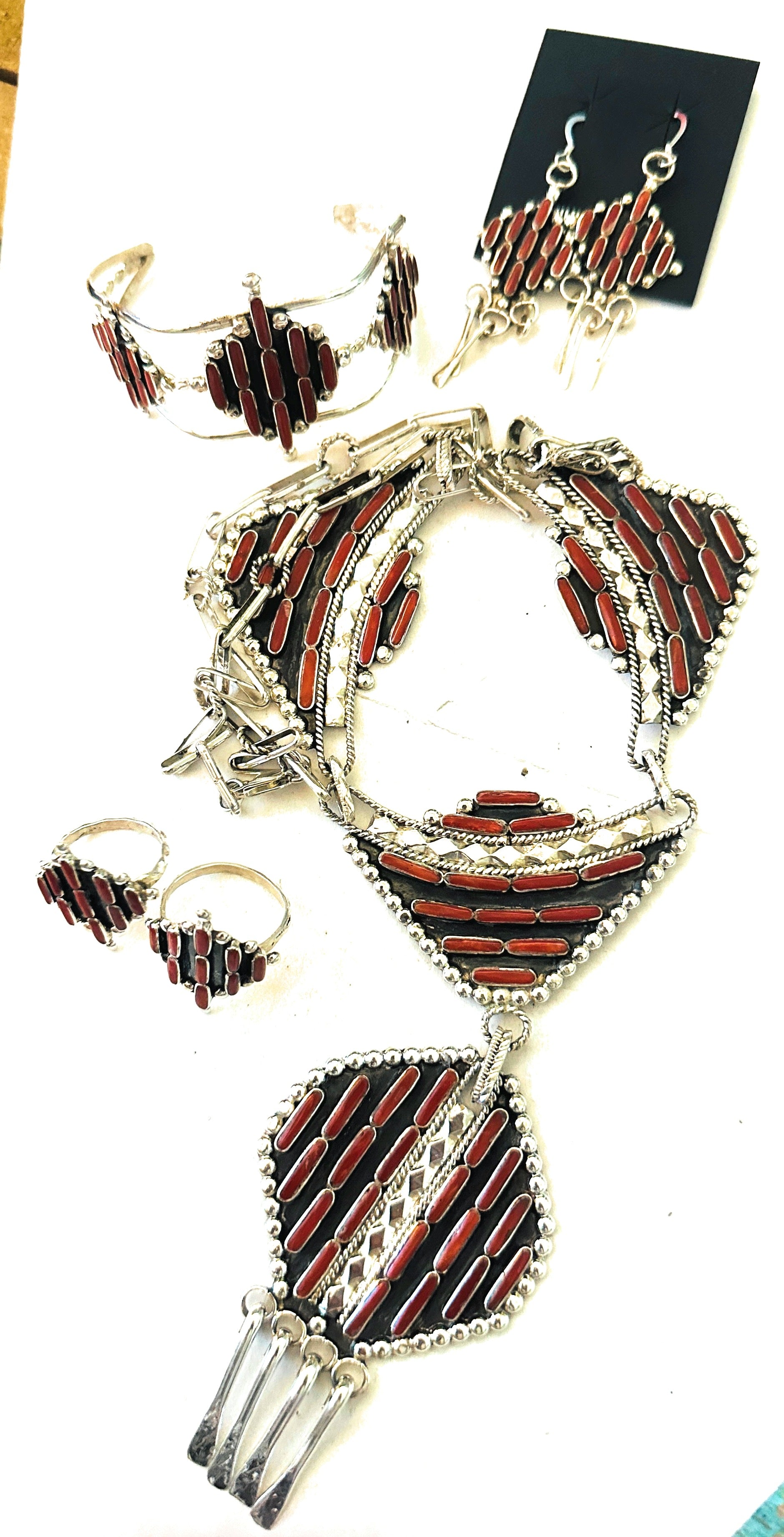 Zuni Sterling Silver & Coral Necklace Set