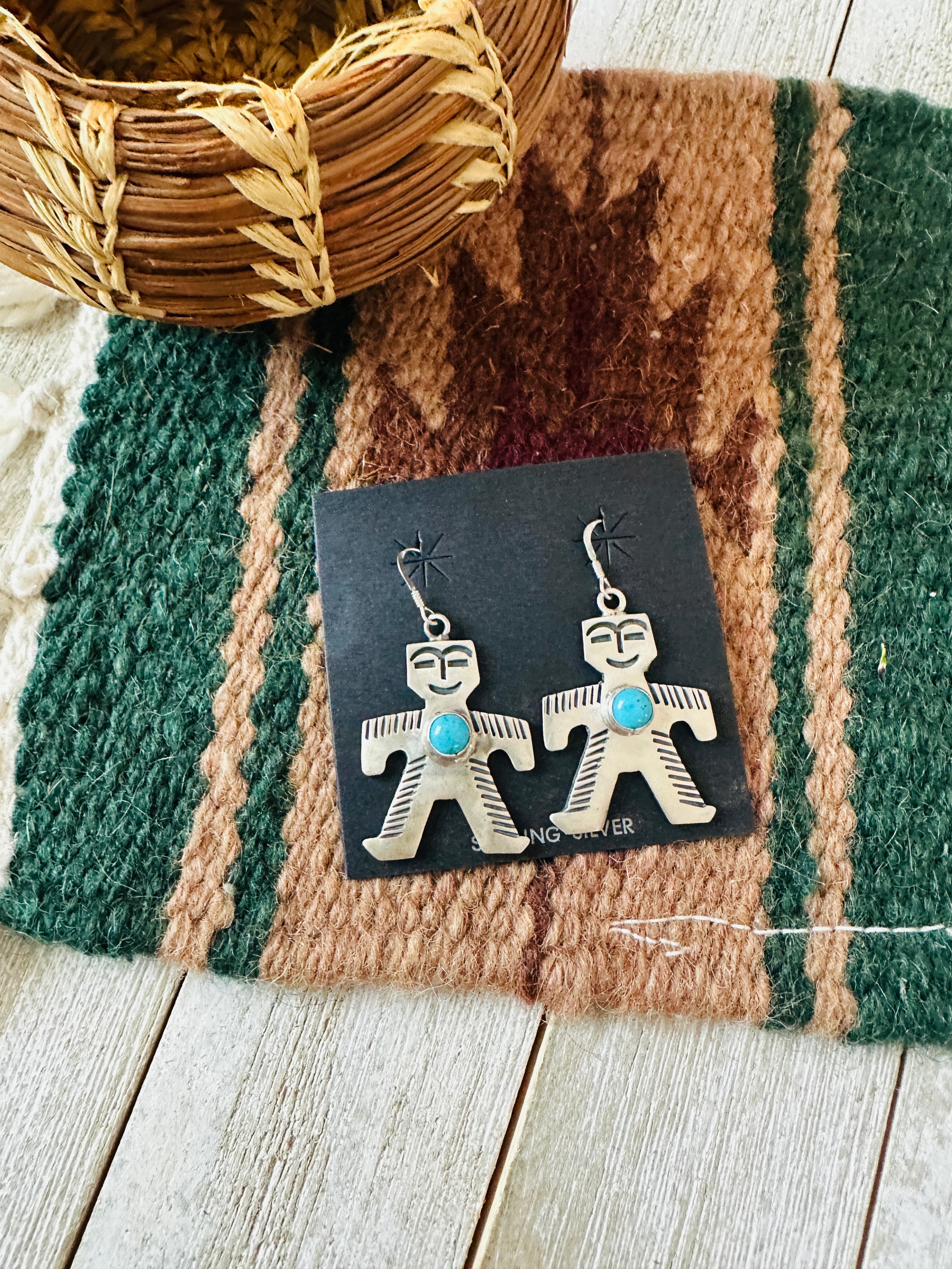 Handcrafted Turquoise and Sterling Silver Dancing Figure Dangle Earrings