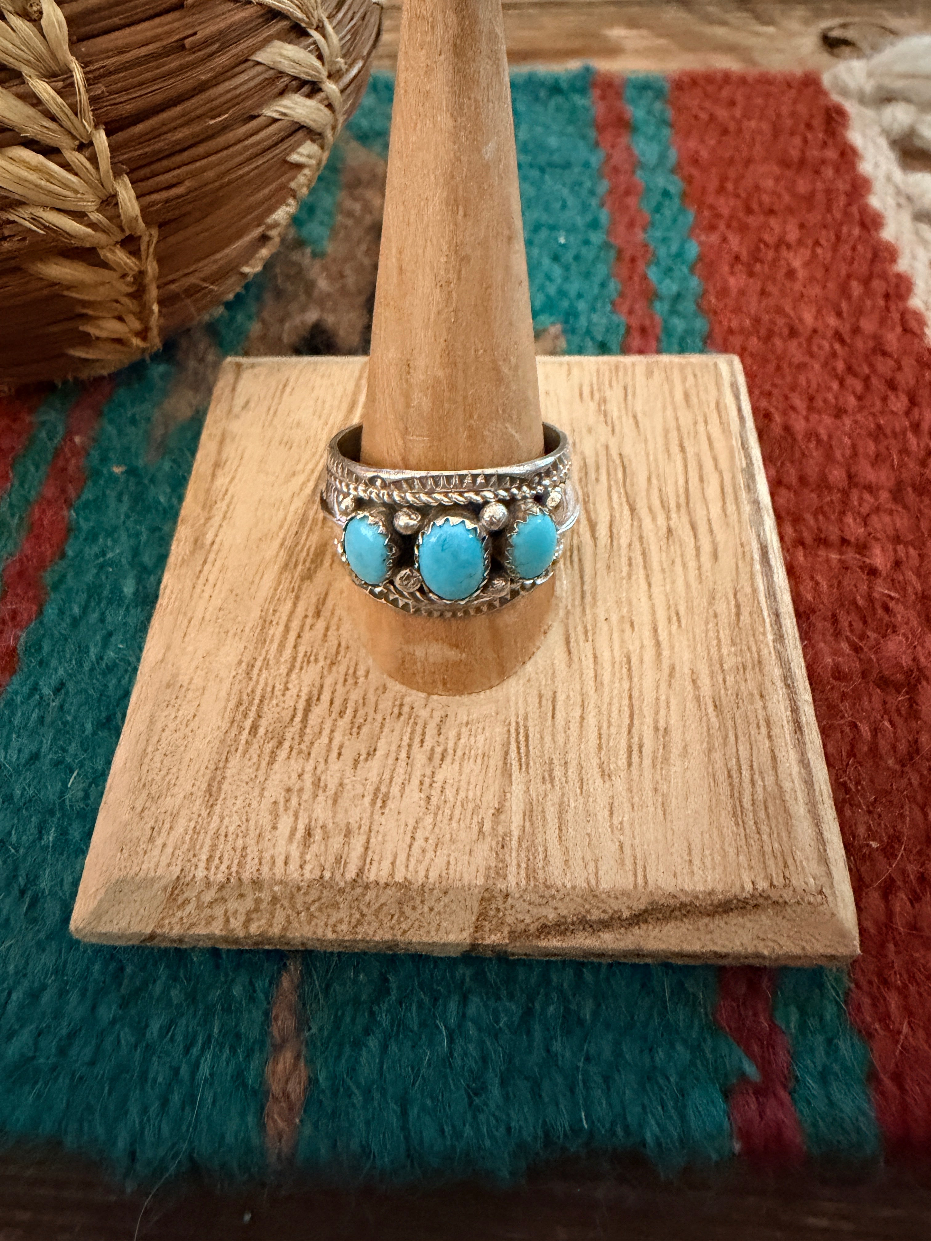 Handcrafted Turquoise & Sterling Silver Band Ring Size 11