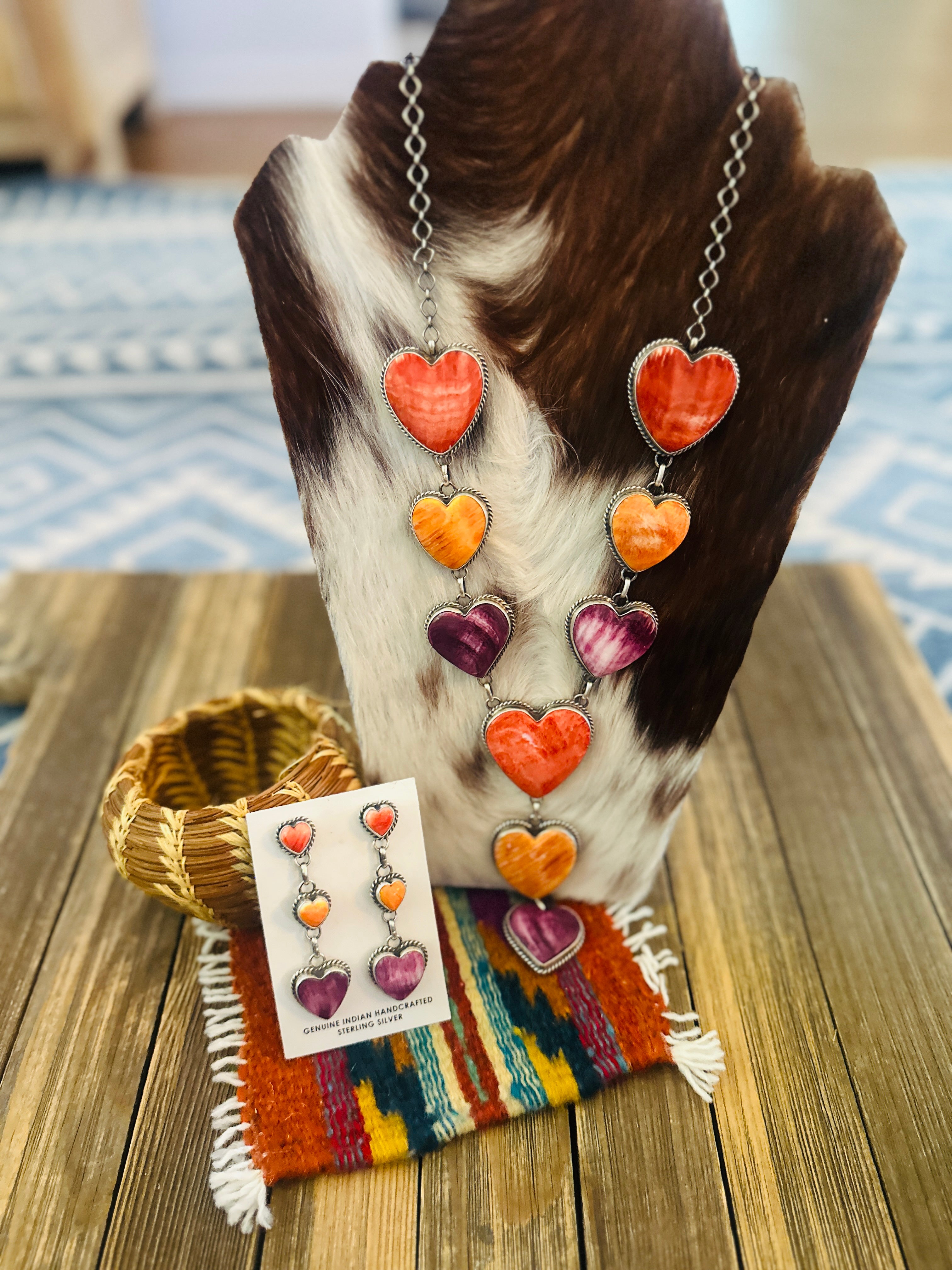 Handcrafted Spiny Oyster & Sterling Silver Heart Necklace and Earring Set by Debra Smith