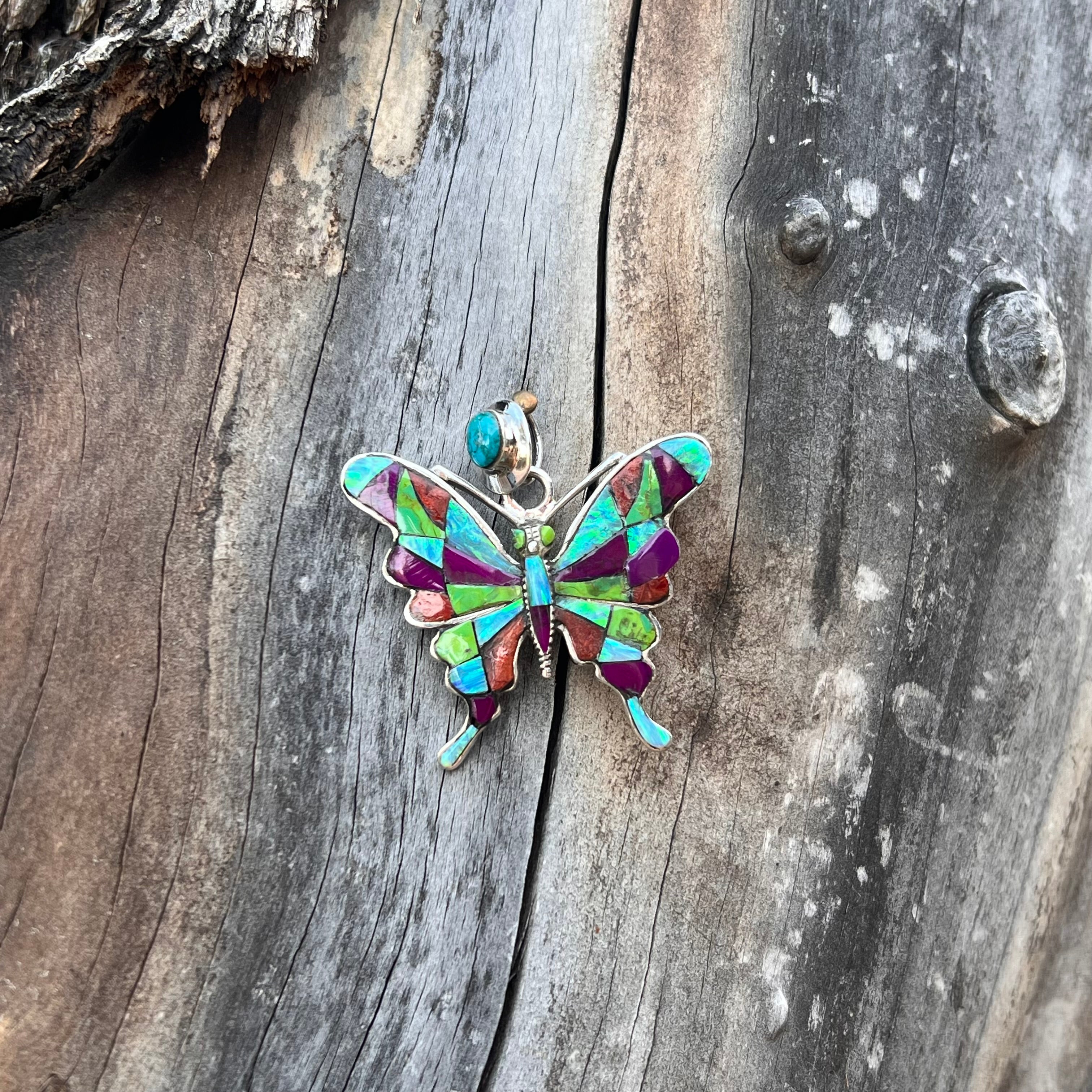 Handmade Sterling Silver Multi Stone Inlay Turquoise Butterfly Pendant