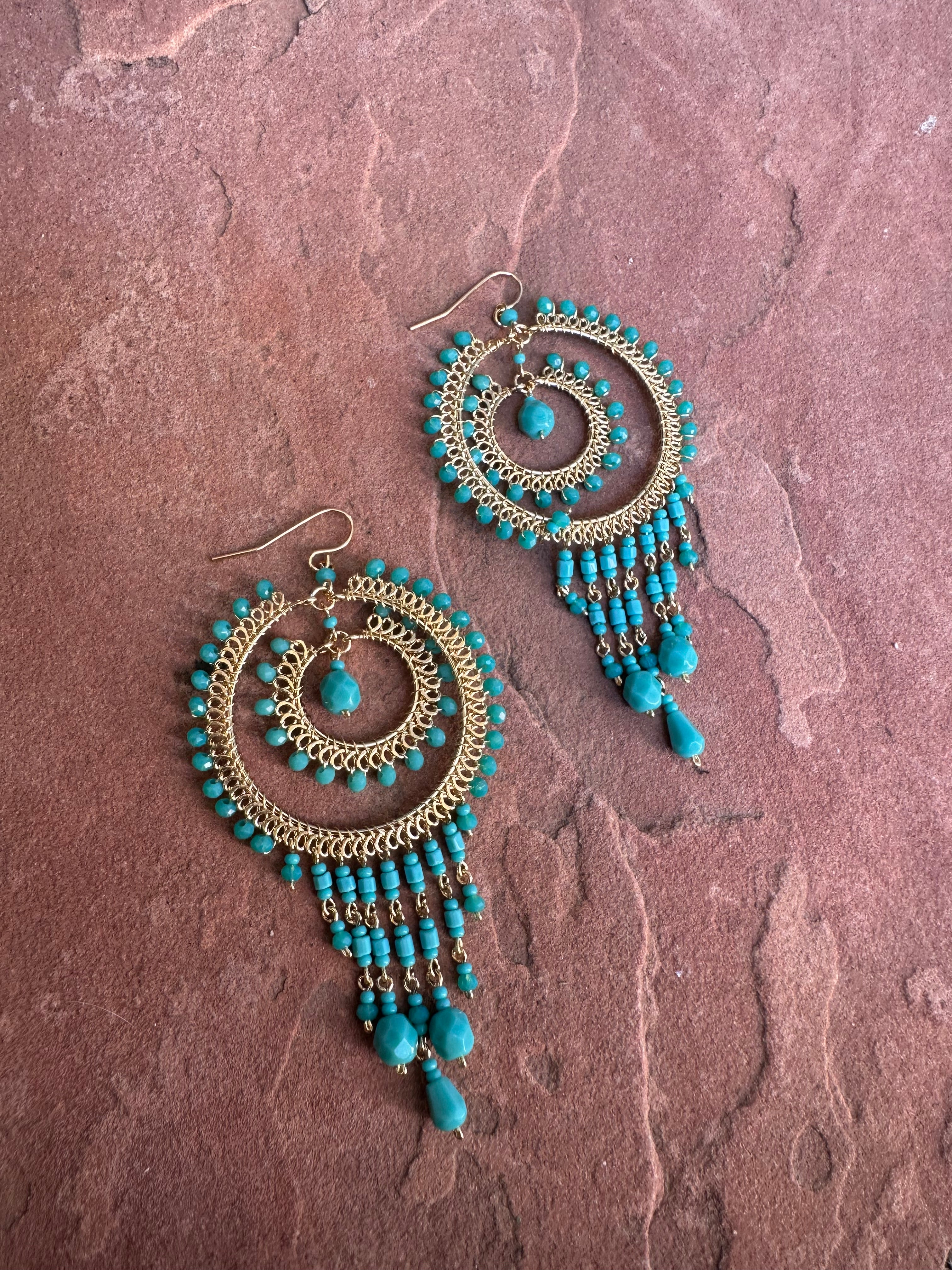 “The Golden Collection”  Dreamcatcher Handmade Gold Plated Turquiose Beaded Earrings style1