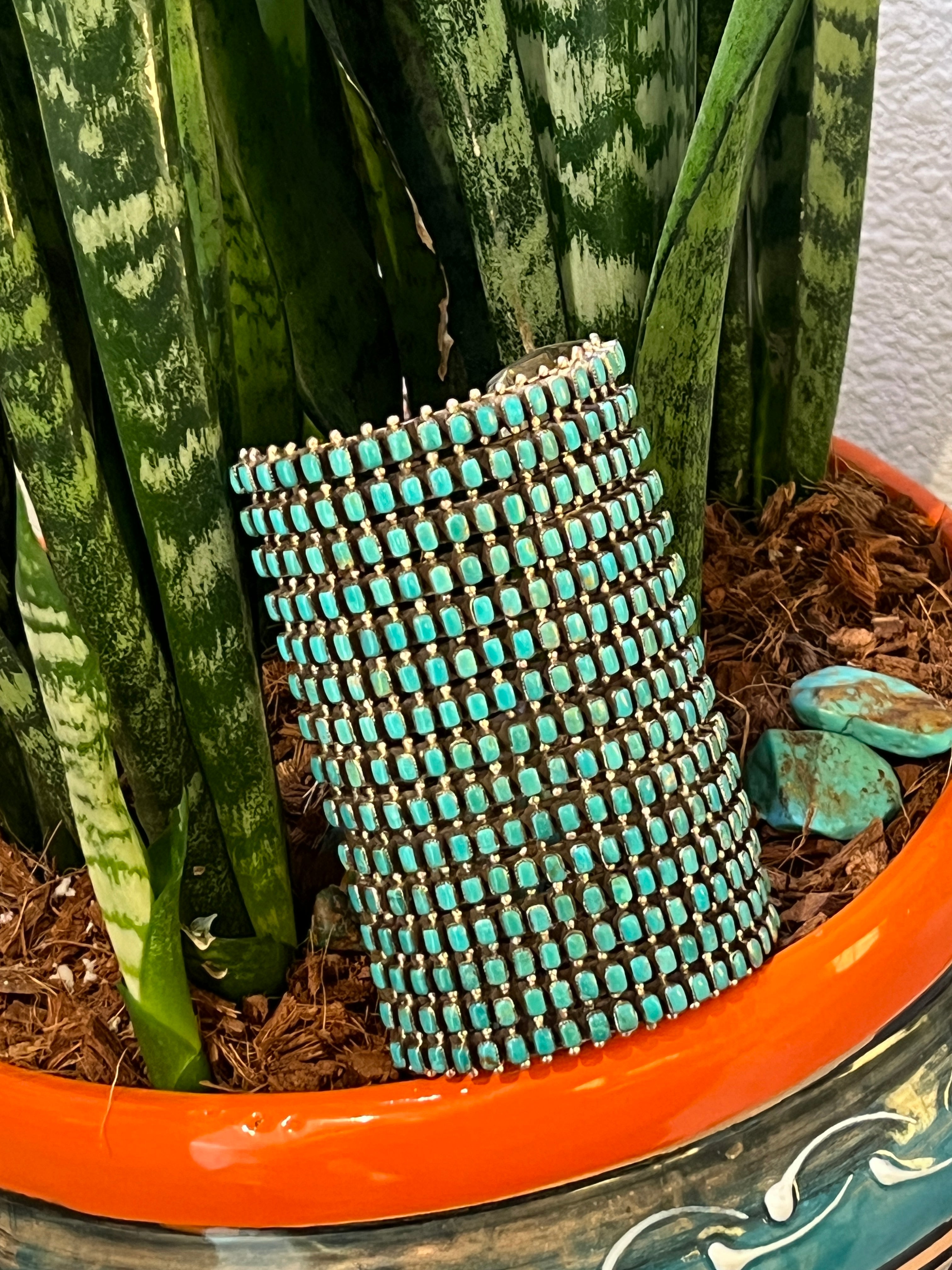 Handcrafted Epic Made 15 Row Sterling Silver and Turquoise Gauntlet Style Cuff Bracelet /