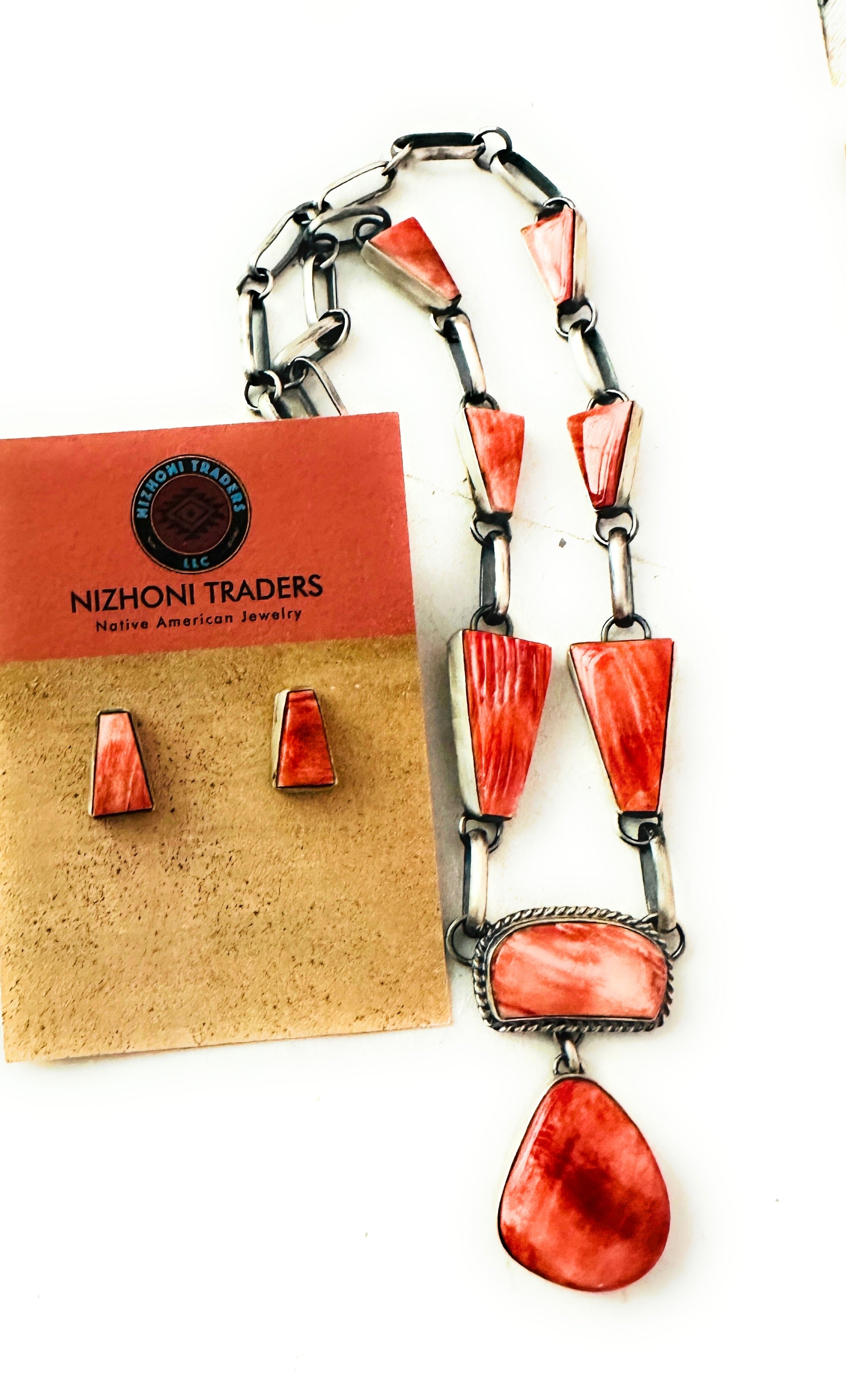 Navajo Sterling Silver & Orange Spiny Oyster Necklace Set