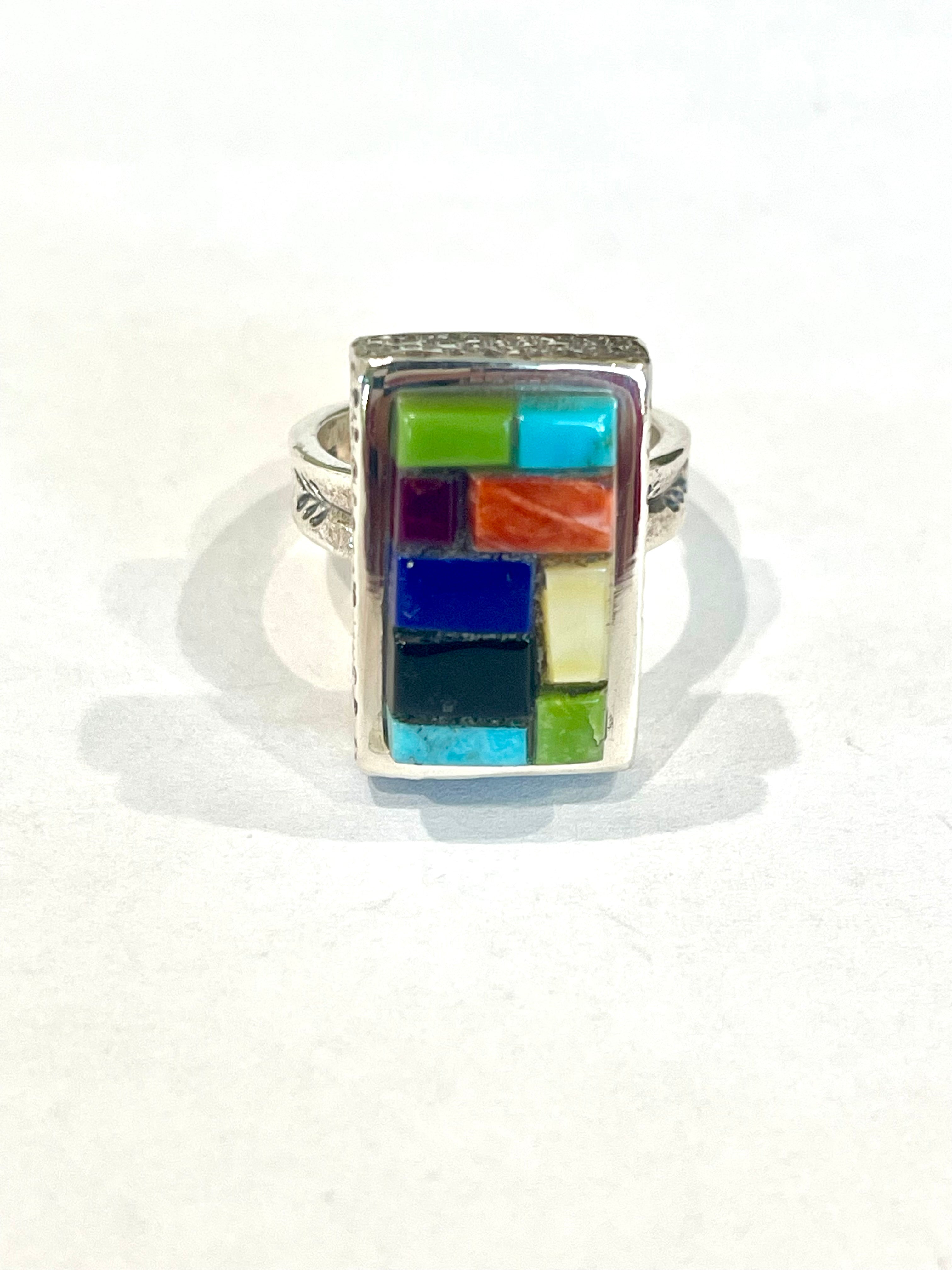 Handmade Sterling Silver & Multi Stone Inlay Ring Size 8