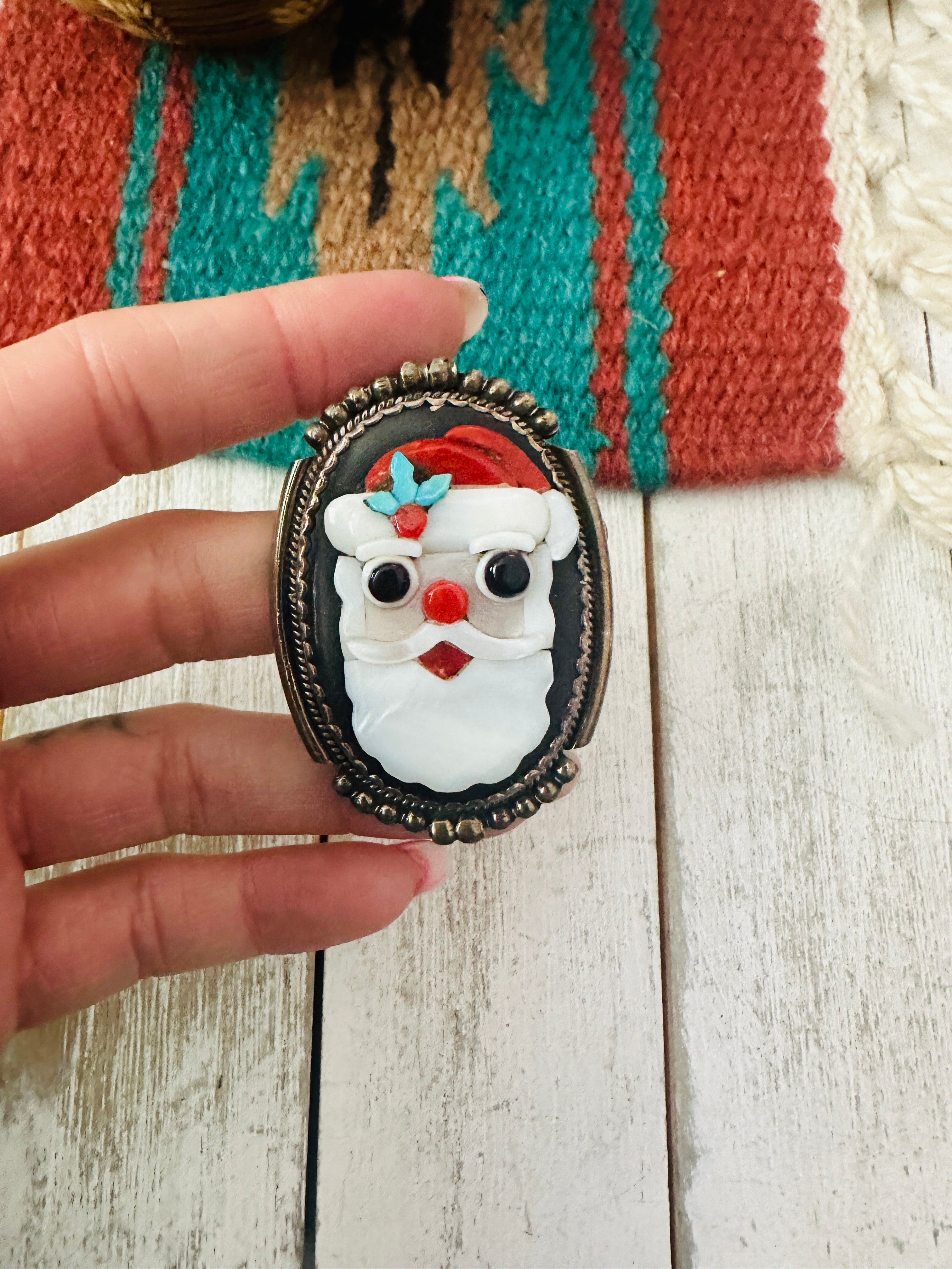 Vintage Zuni Multi Stone & Sterling Silver Inlay Santa Clause Brooch