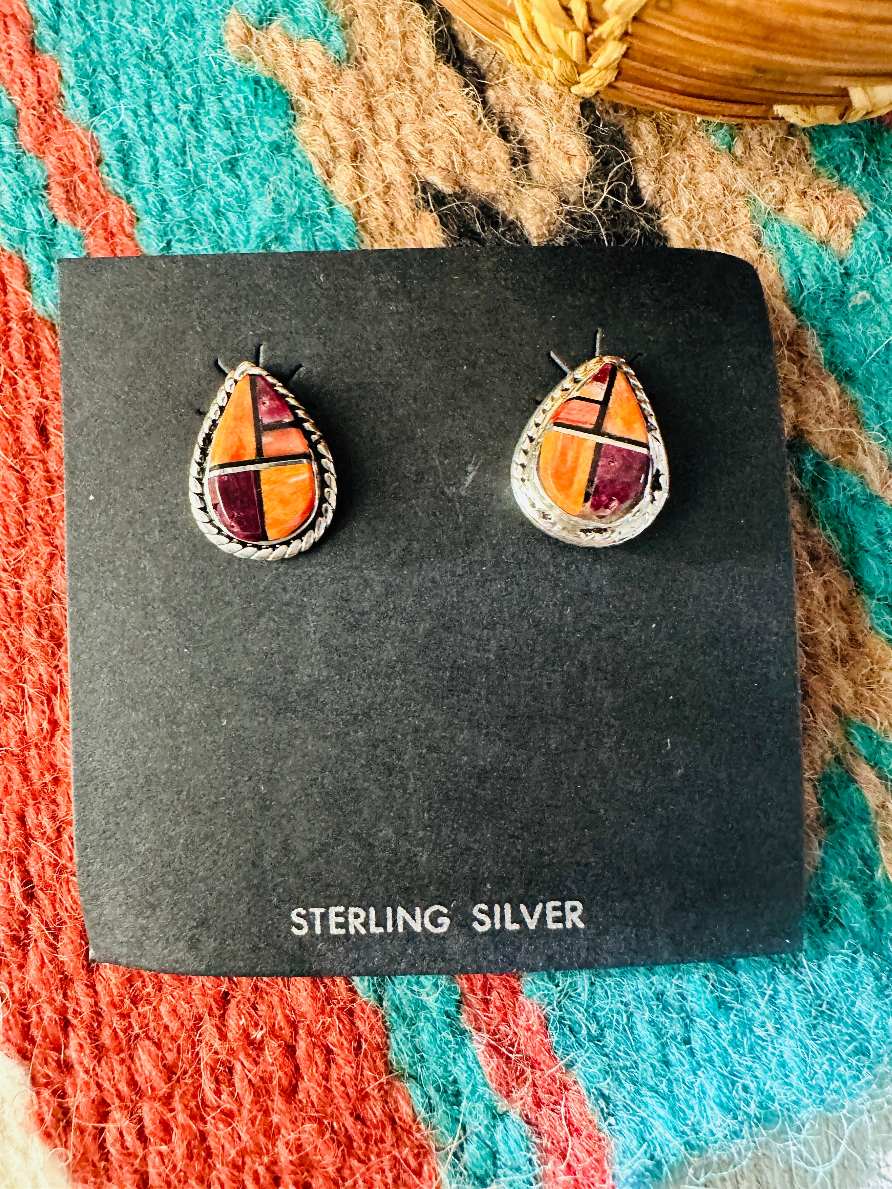 Navajo Sterling Silver & Spiny Oyster Inlay Post Earrings