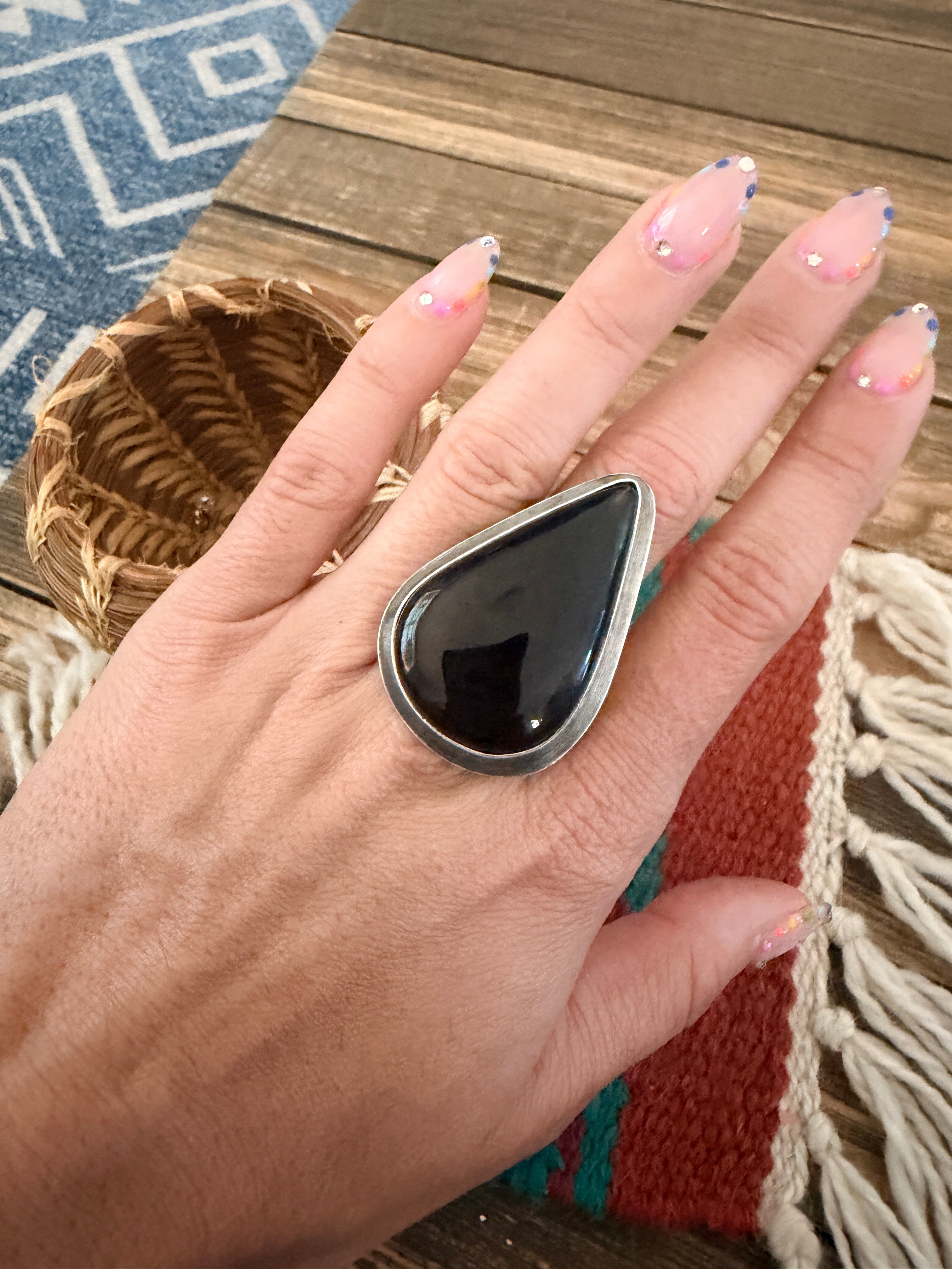 Handcrafted Black Onyx & Sterling Silver Ring Size 8.75