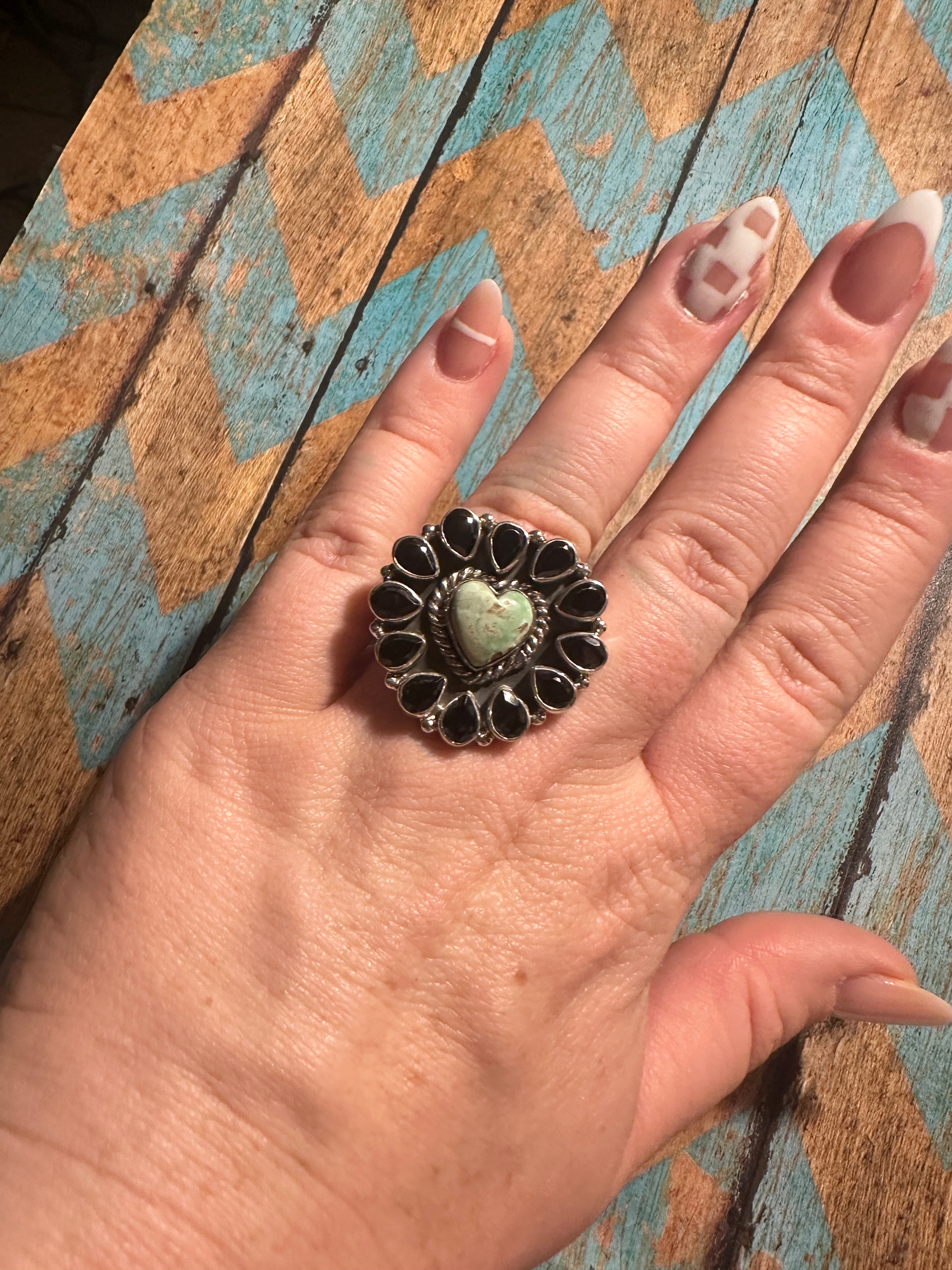 Beautiful Handmade Palomino Turquoise, Onyx And Sterling Silver Adjustable Heart Ring