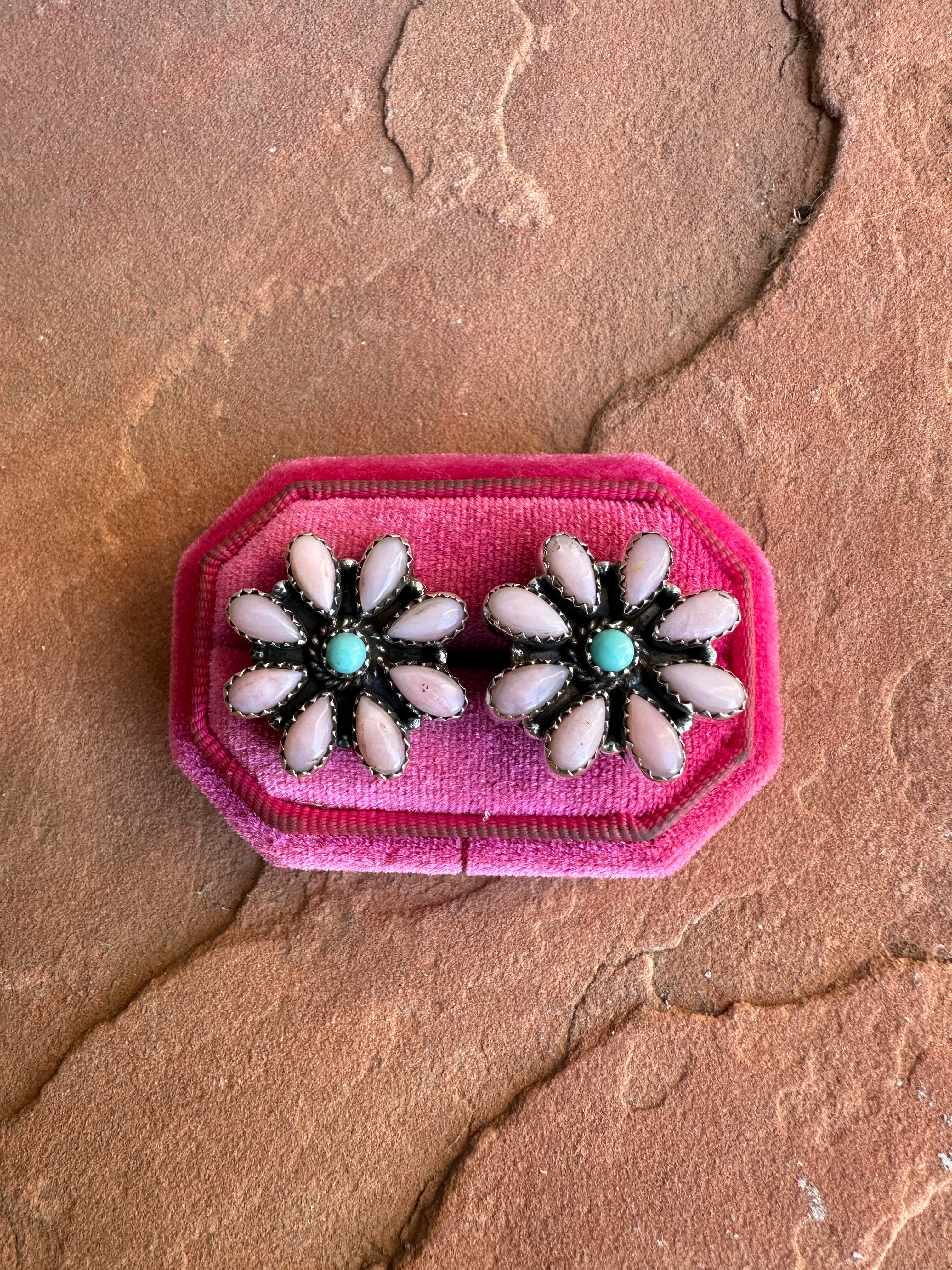 Handmade Flower Sterling Silver, Pink Conch & Turquoise Post Earrings Signed Nizhoni