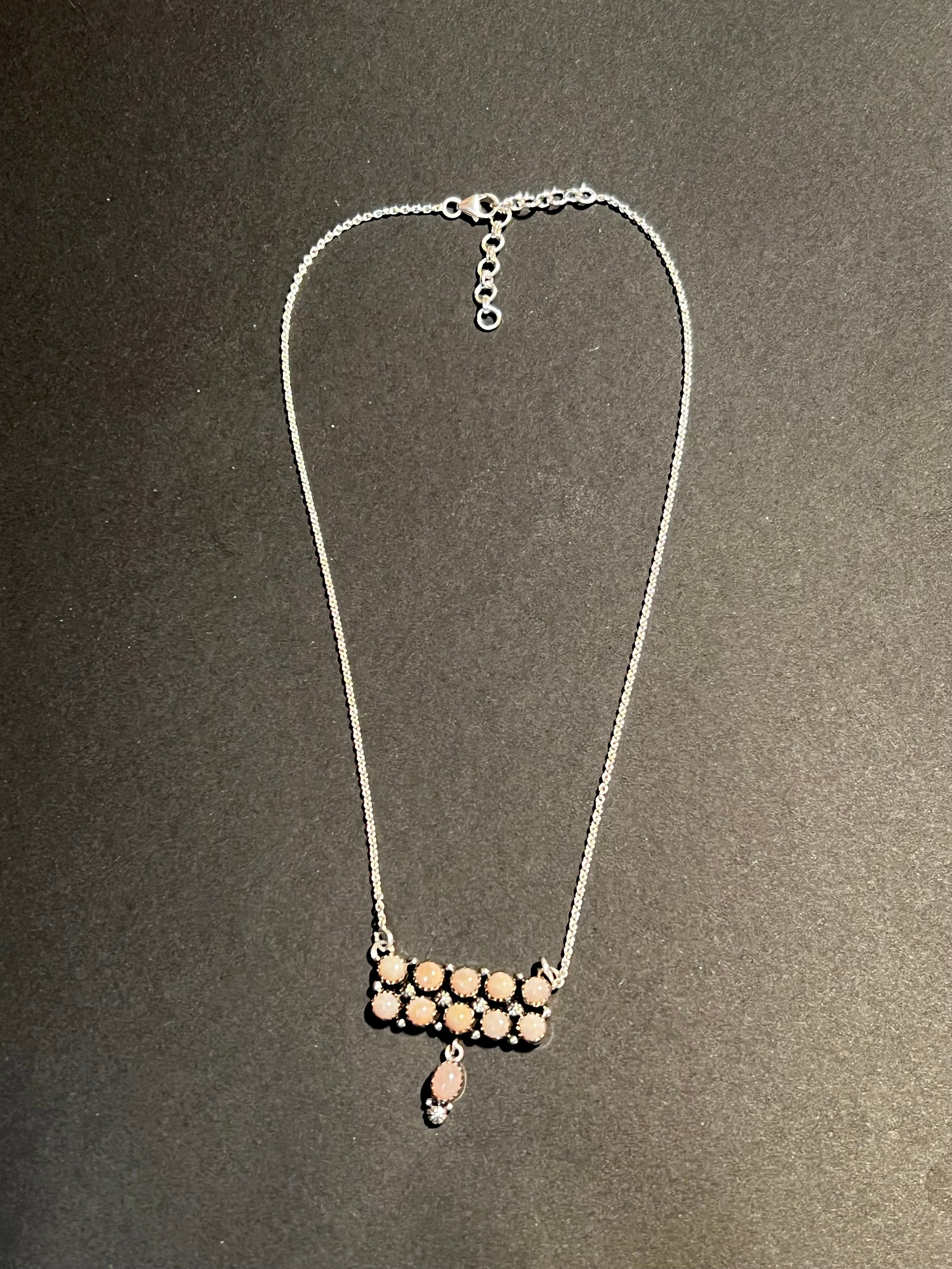 Handmade Sterling Silver & Pink Opal Tear Drop Dangle, Bar Necklace