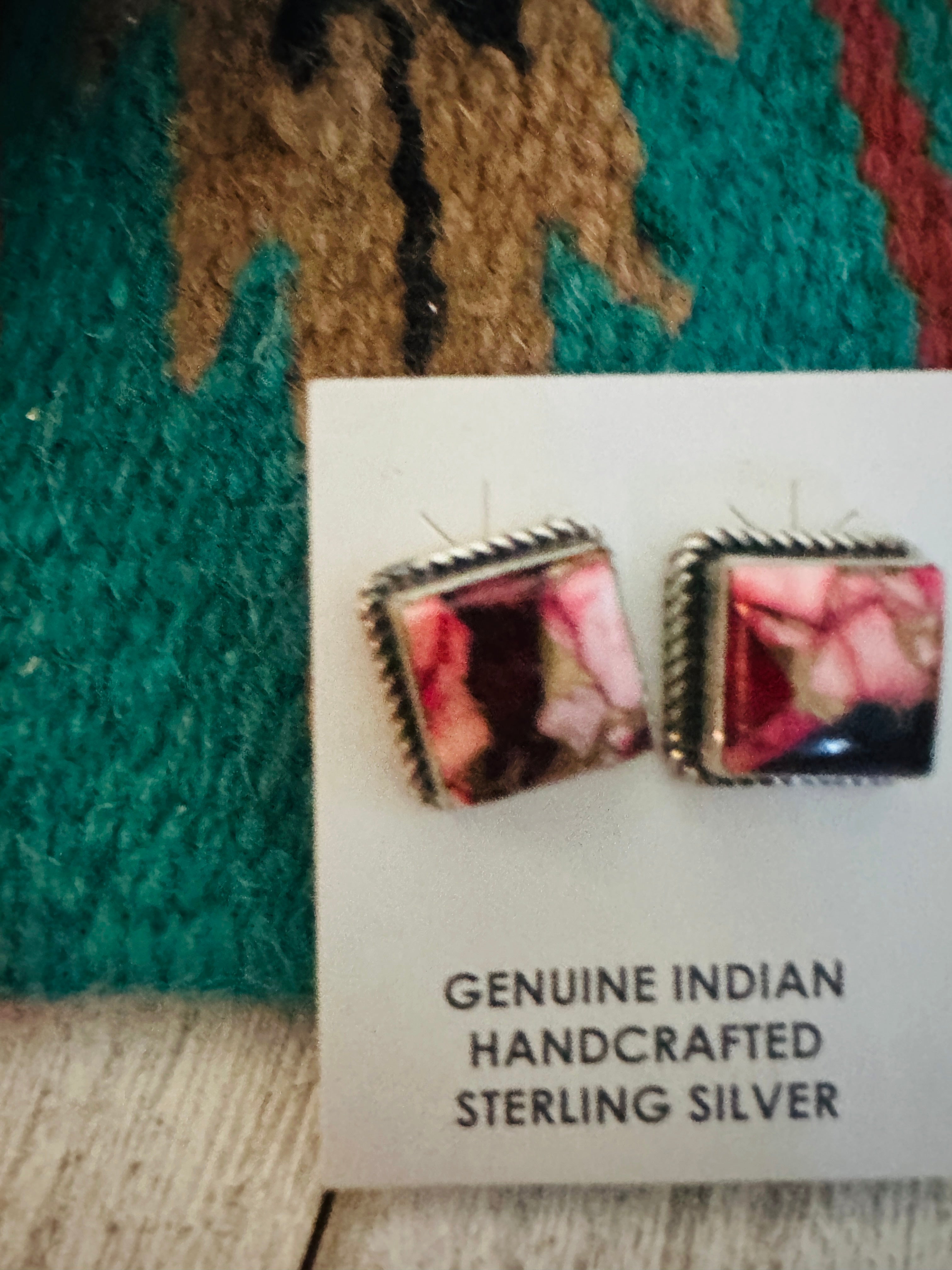 Navajo Sterling Silver & Pink Dahlia Square Stud Earrings