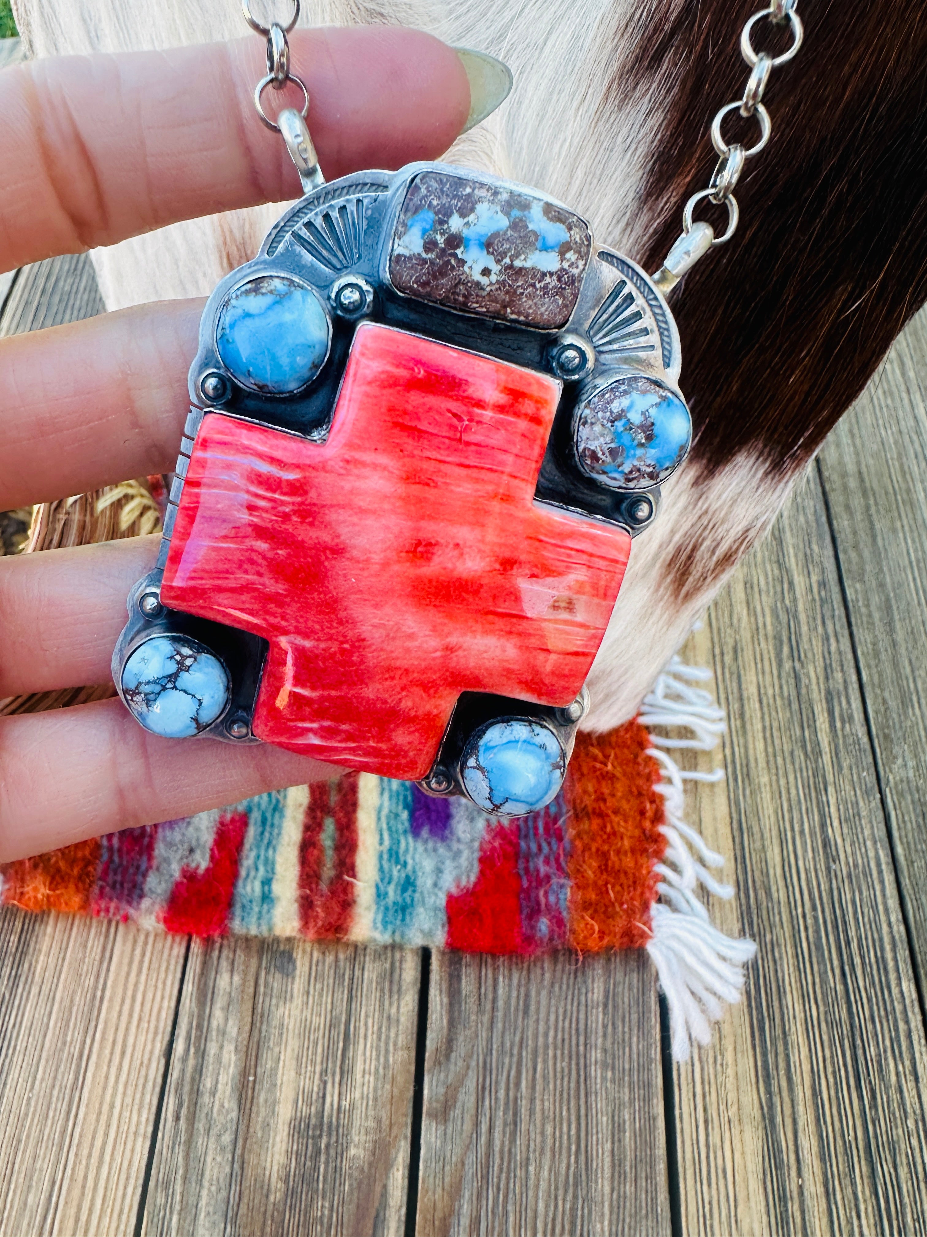 Handcrafted Spiny Oyster, Turquoise & Sterling Silver Cross Necklace