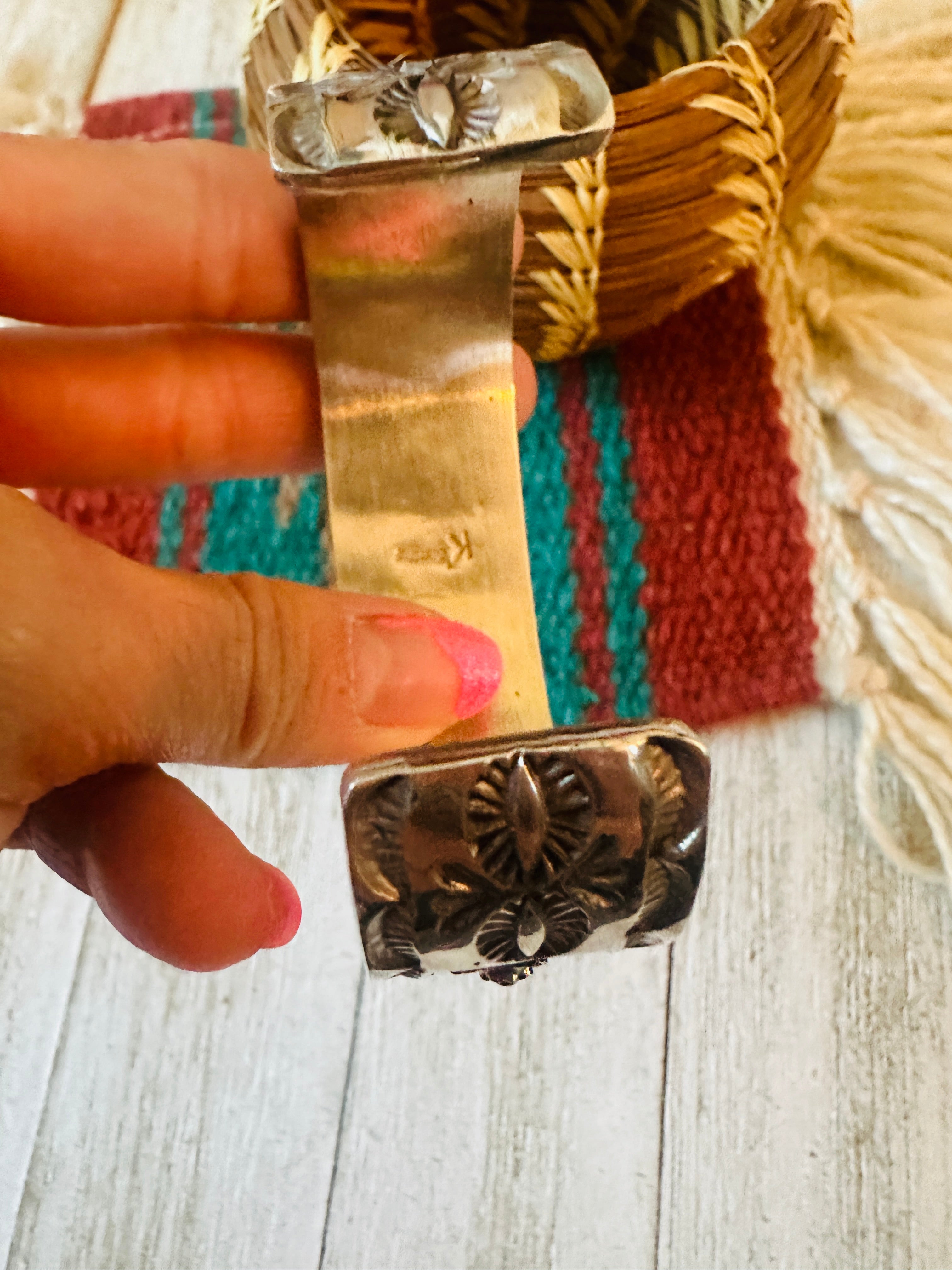 Navajo Hand Stamped Sterling Silver Feather Star Cuff Bracelet