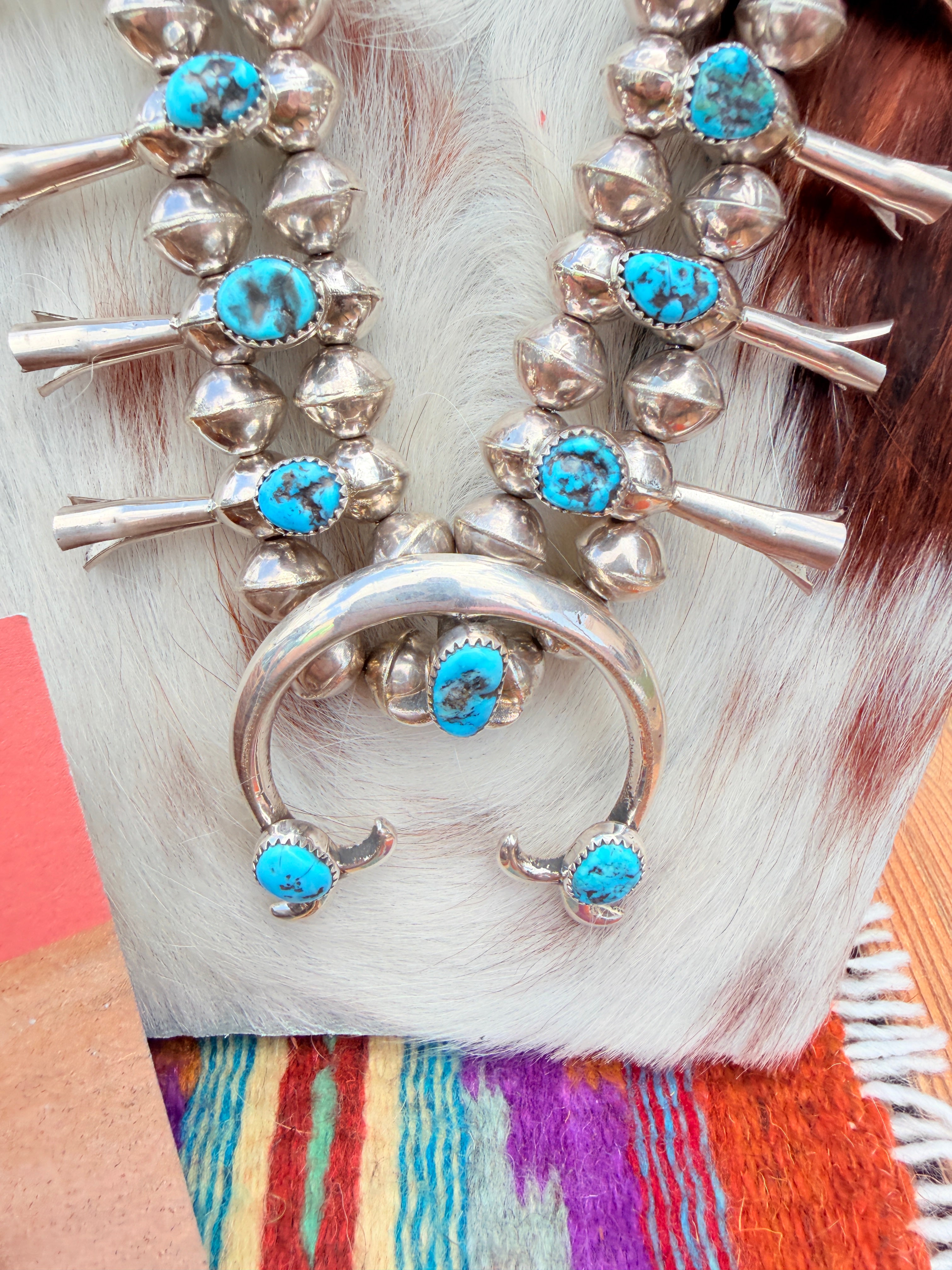 Handcrafted Sterling Silver & Kingman Turquoise Squash Blossom Necklace Set