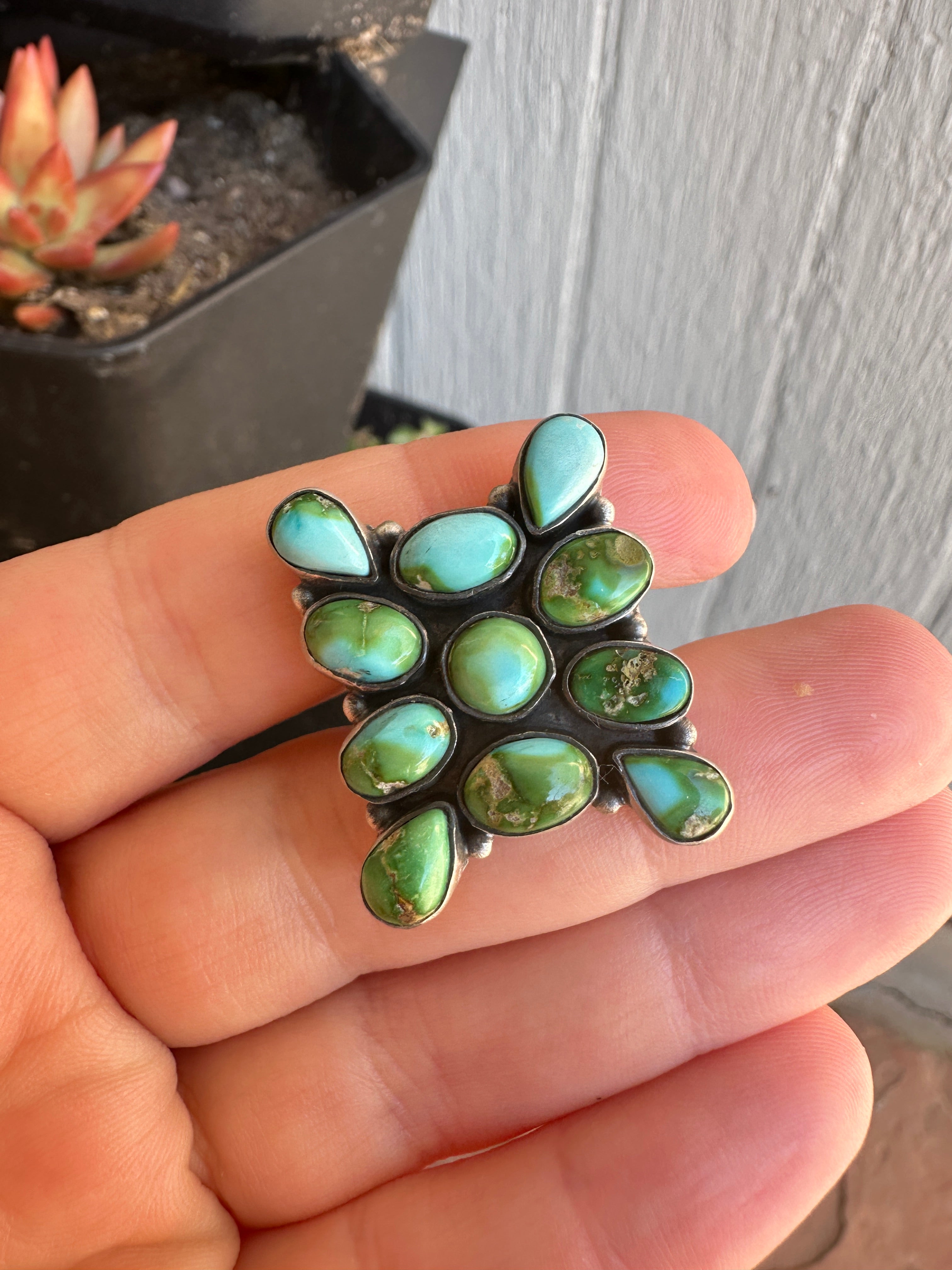 Beautiful Handmade Sonoran Mountain Turquoise And Sterling Silver Cluster Adjustable Ring