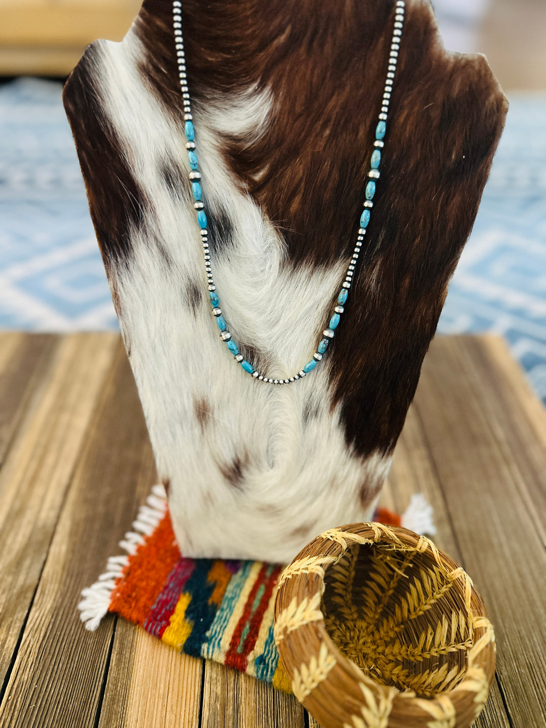 Handcrafted Turquoise & Sterling Silver Pearl 20” Beaded Necklace