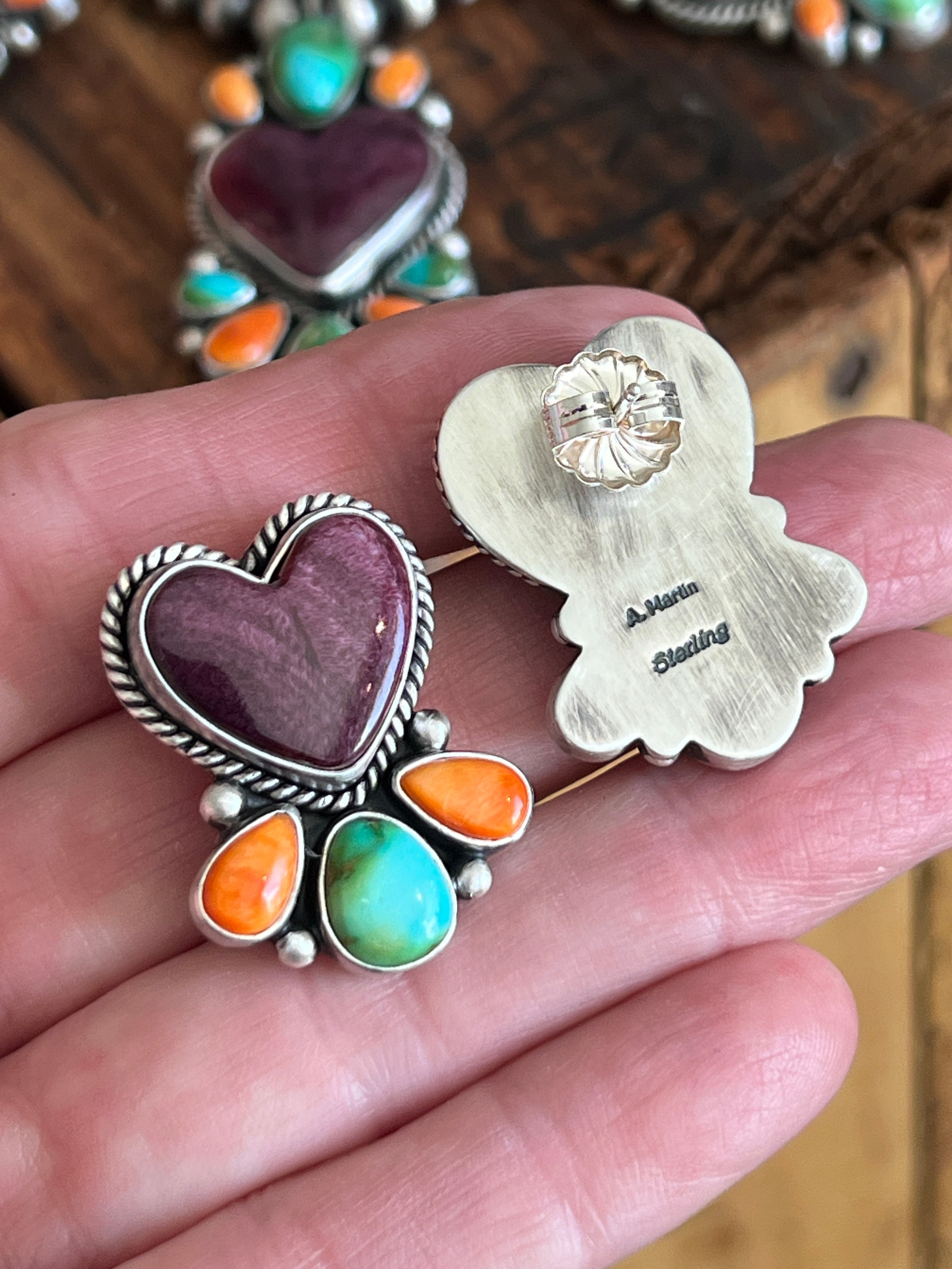 Handcrafted Sterling Silver Electric Rainbow Beaded Heart Cluster Necklace & Earrings Set by Angela Martin