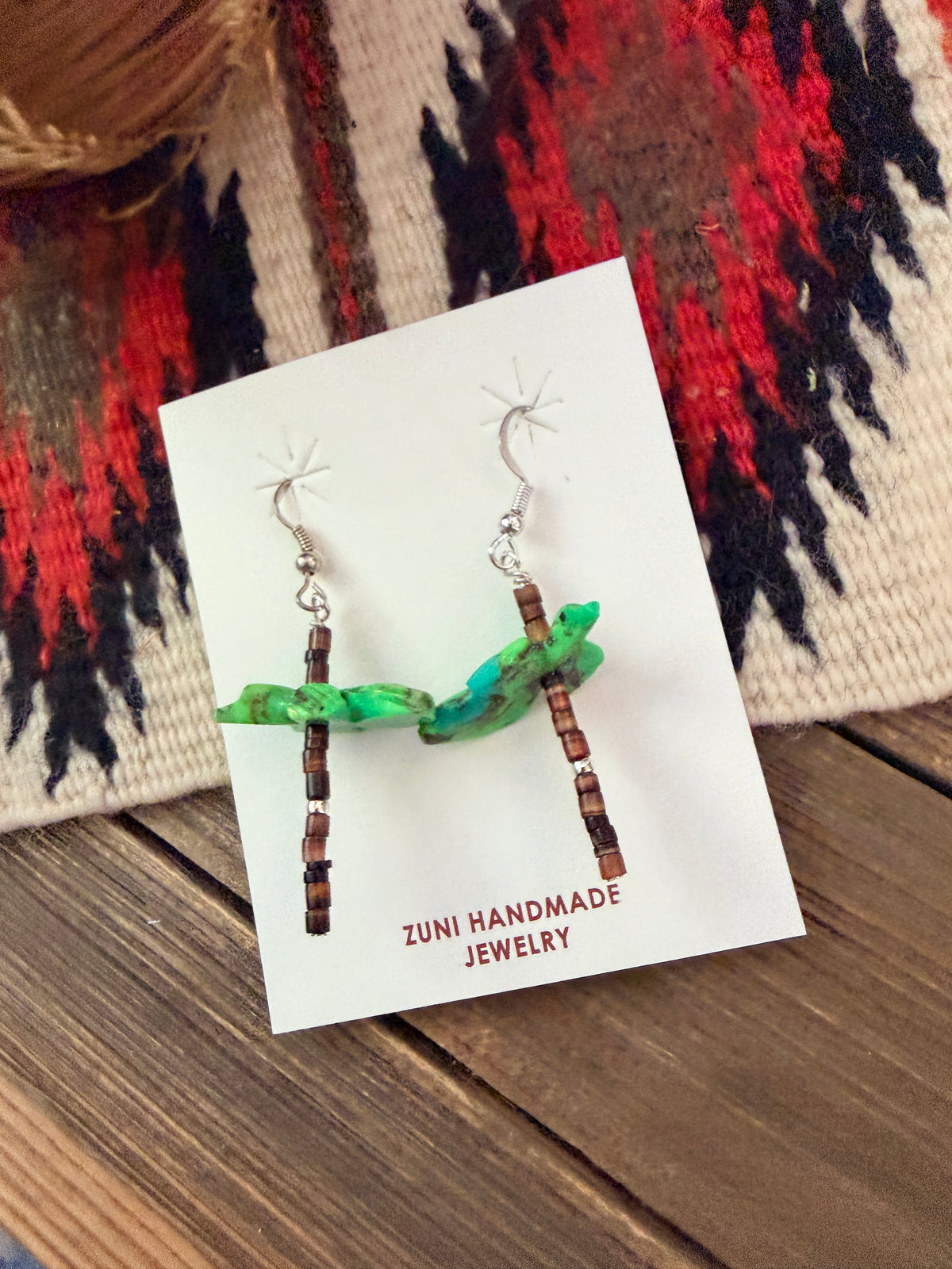 Handcrafted Heishi Shell & Variscite Fetish Bird Dangle Earrings