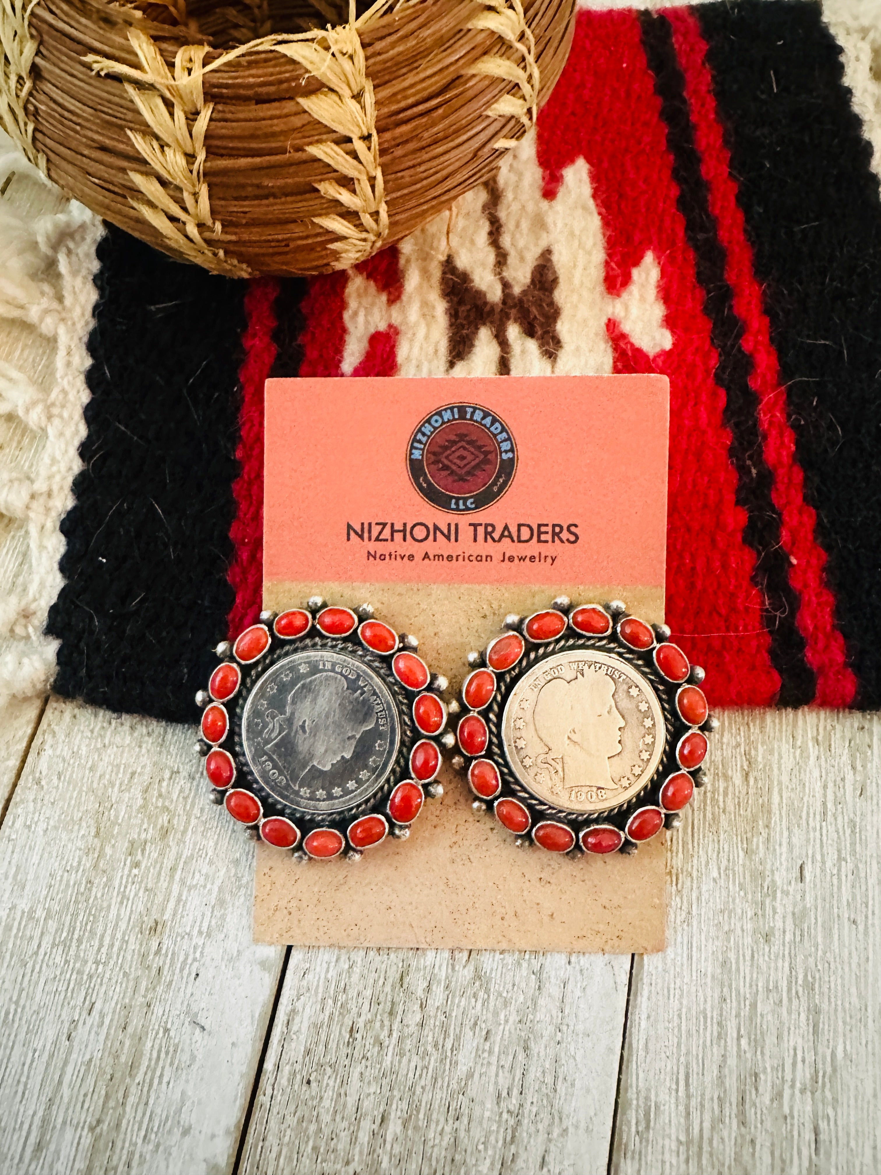 Handcrafted Sterling Silver and Coral Liberty Coin Earrings by Darrin Livingston