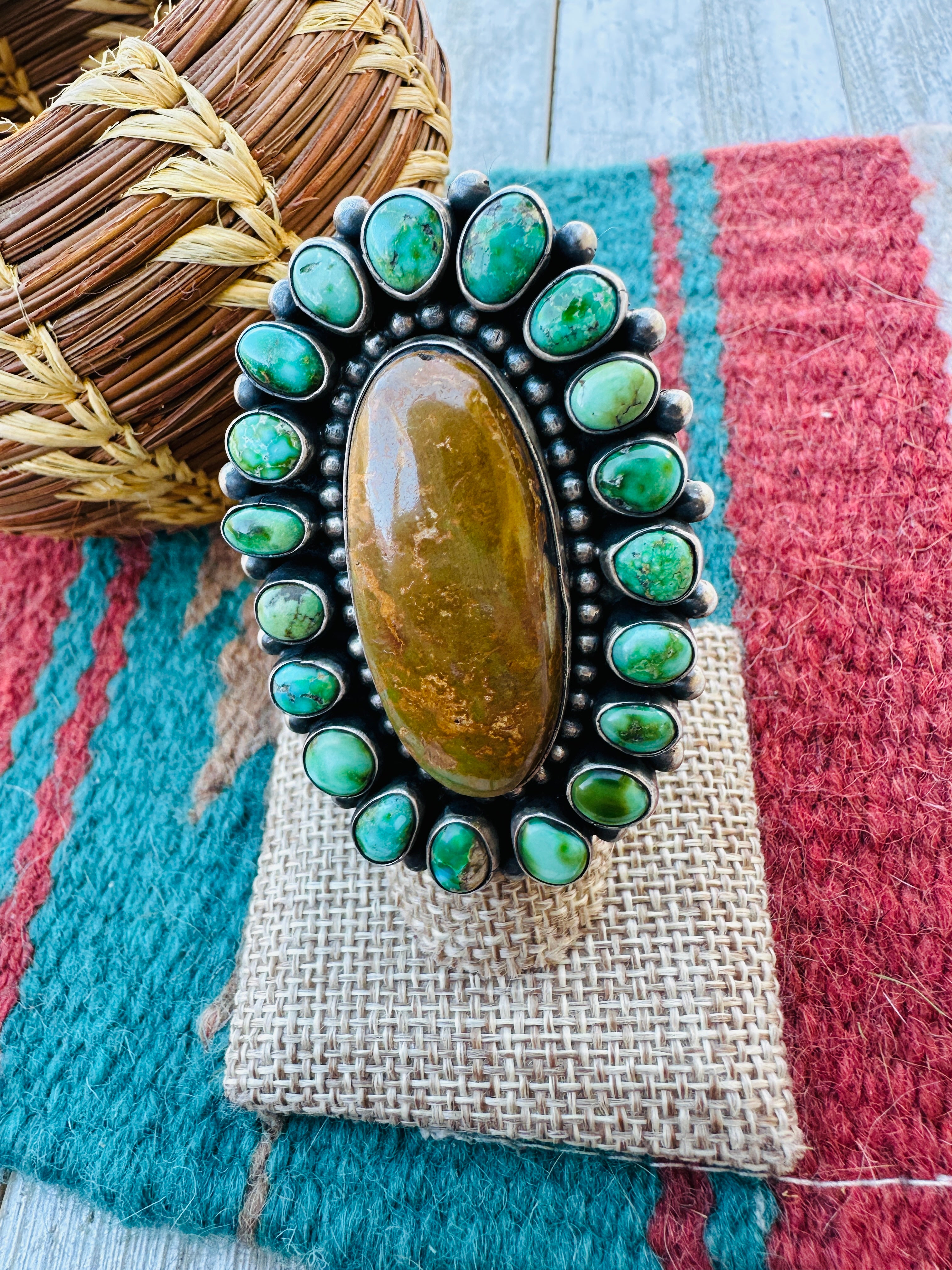 Handcrafted Royston Turquoise & Sterling Silver Cluster Ring Size 7 by Blaine Yellowhorse