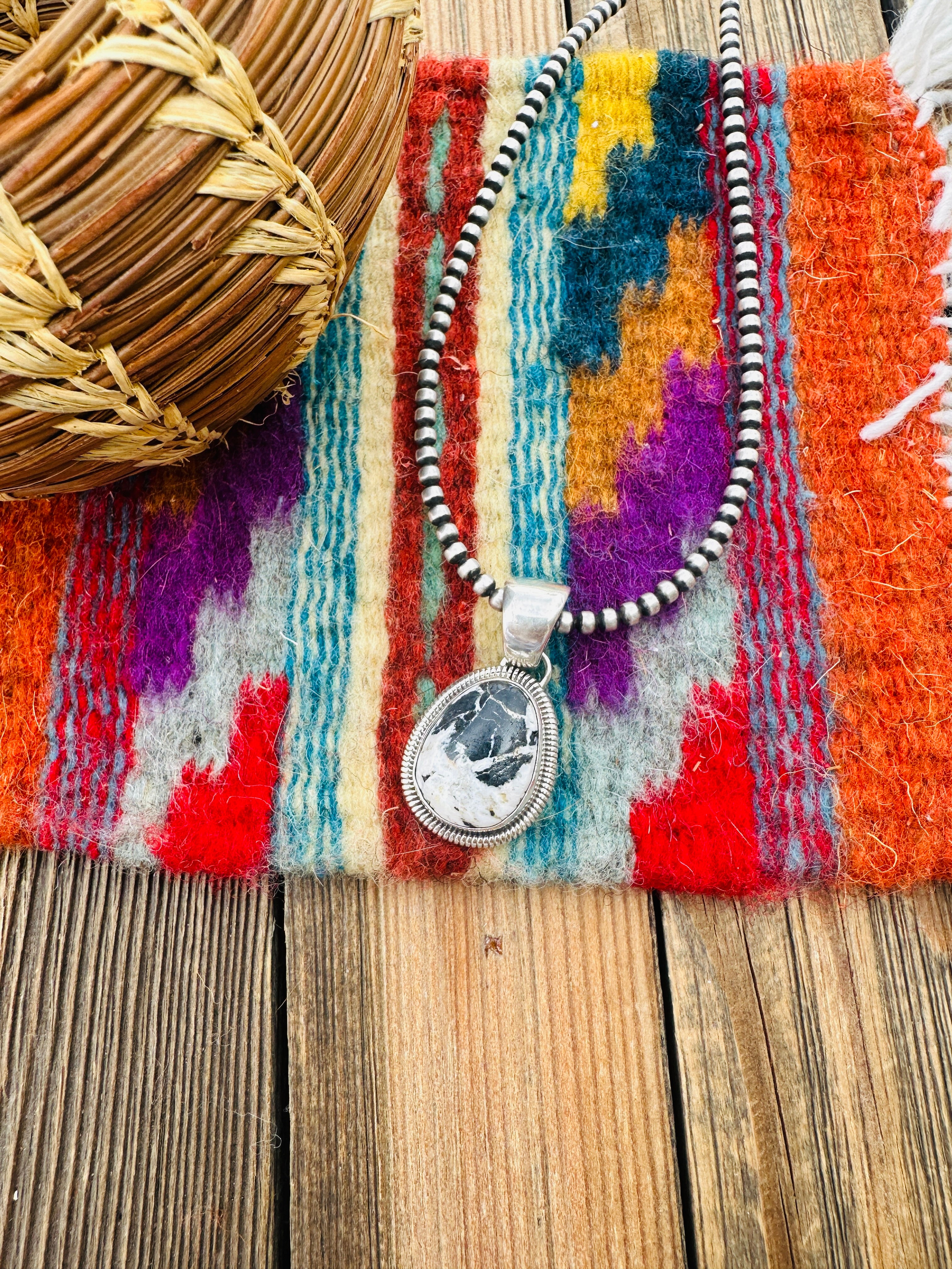 Handcrafted Sterling Silver & White Buffalo Pendant by Wydell Billie