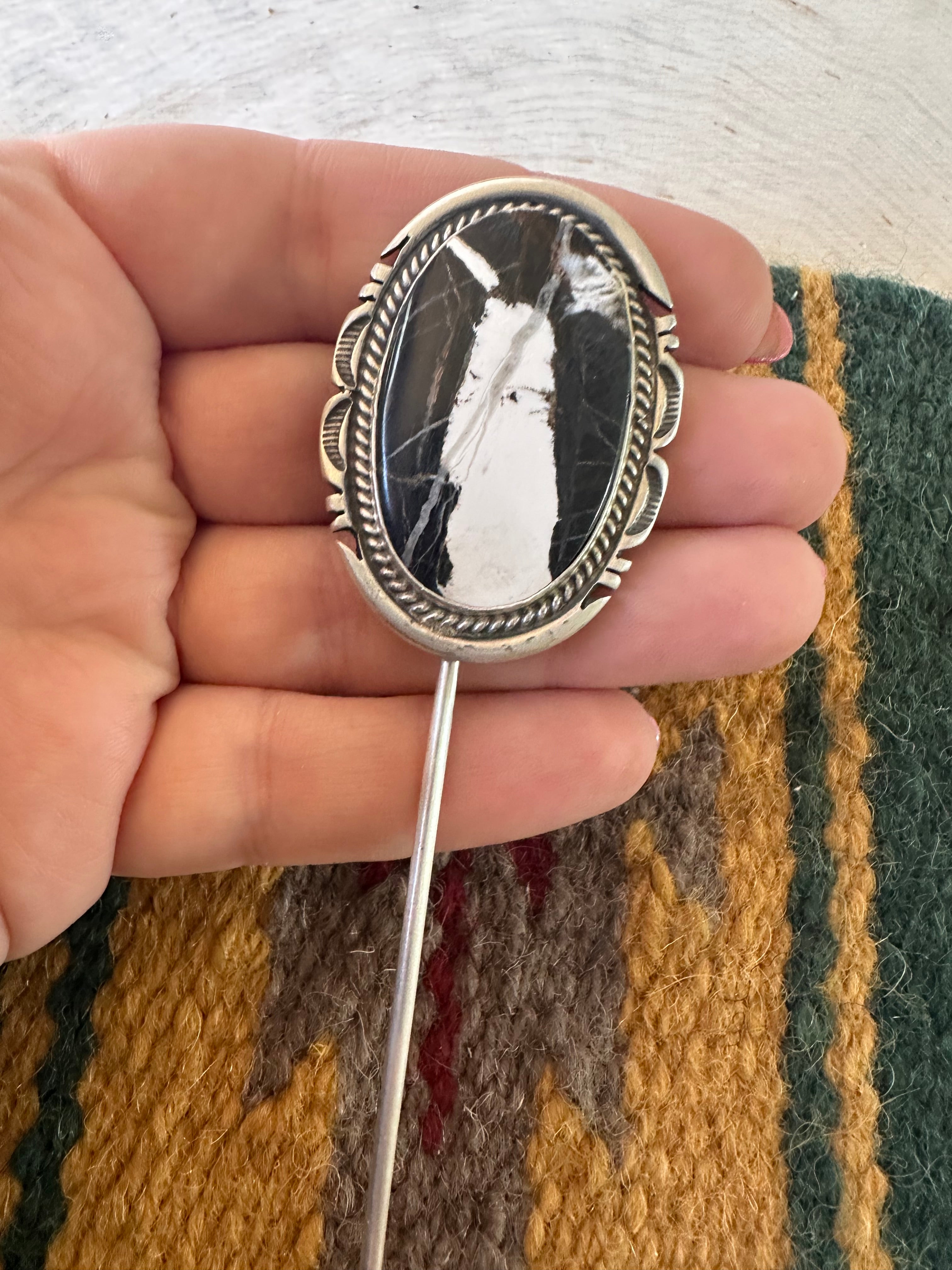 Navajo White Buffalo & Sterling Silver Hair Pin Signed