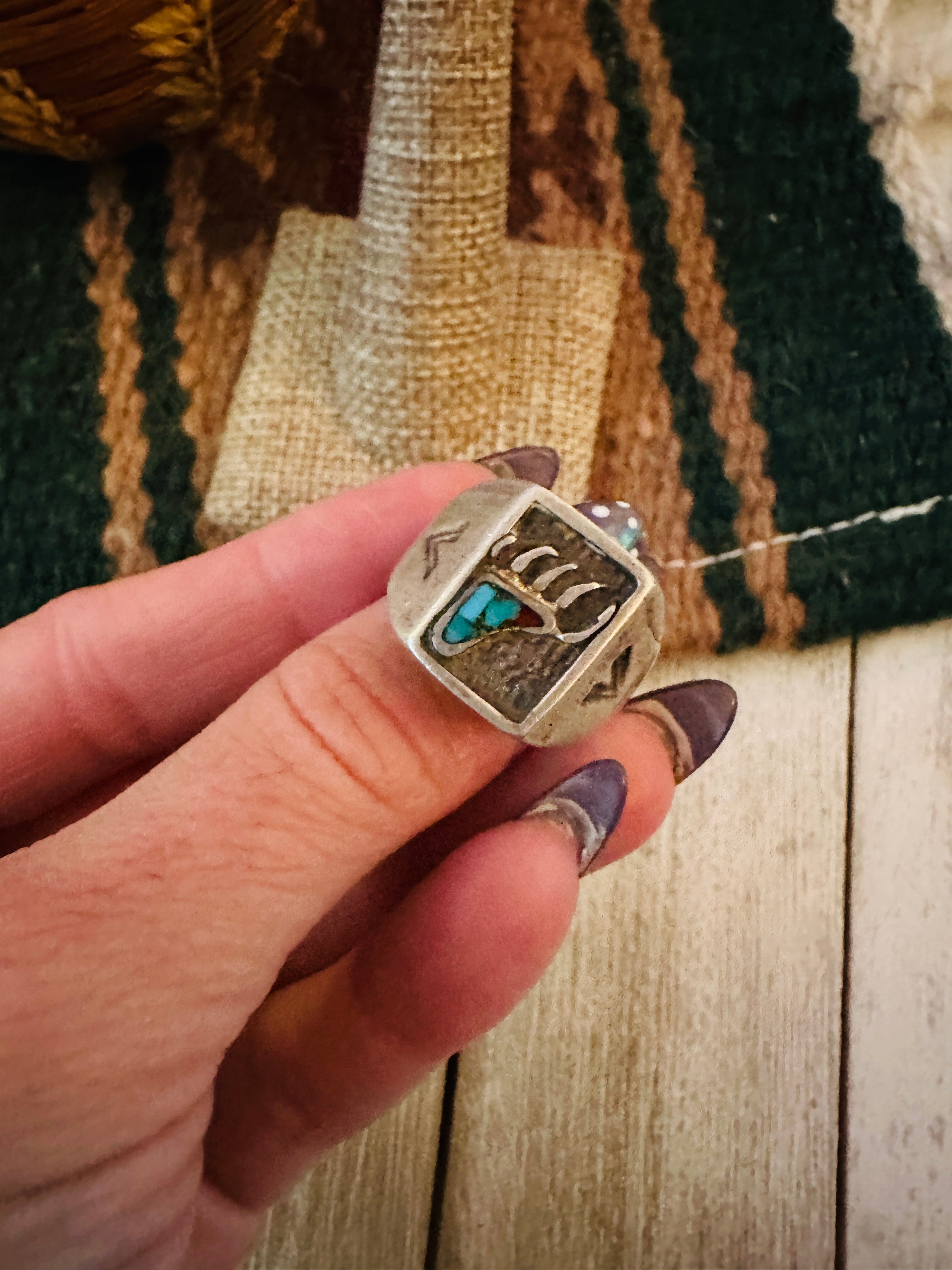 Old Pawn Handcrafted Turquoise & Sterling Silver Bear Paw Ring Size 7.25