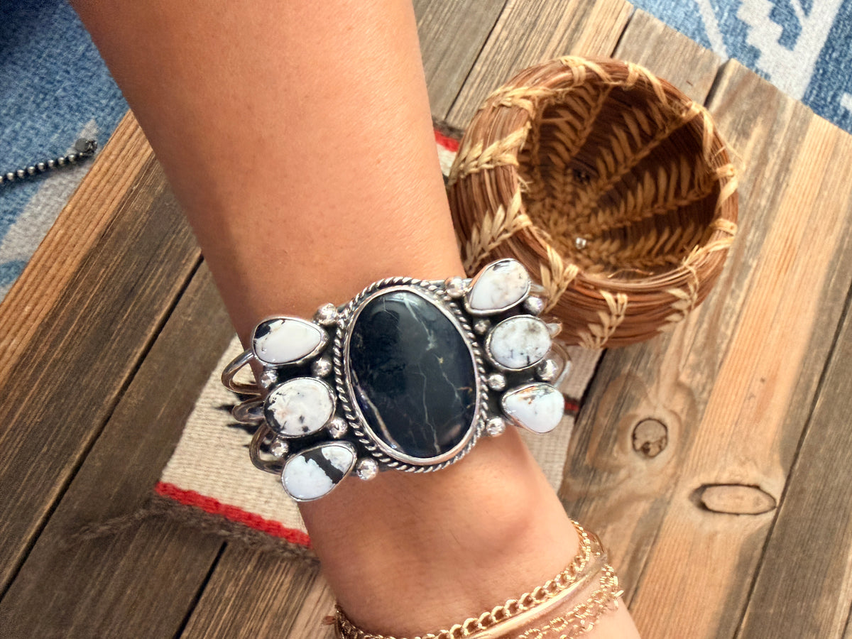 Handcrafted White Buffalo & Sterling Silver Cuff Bracelet by Charlene Yazzie