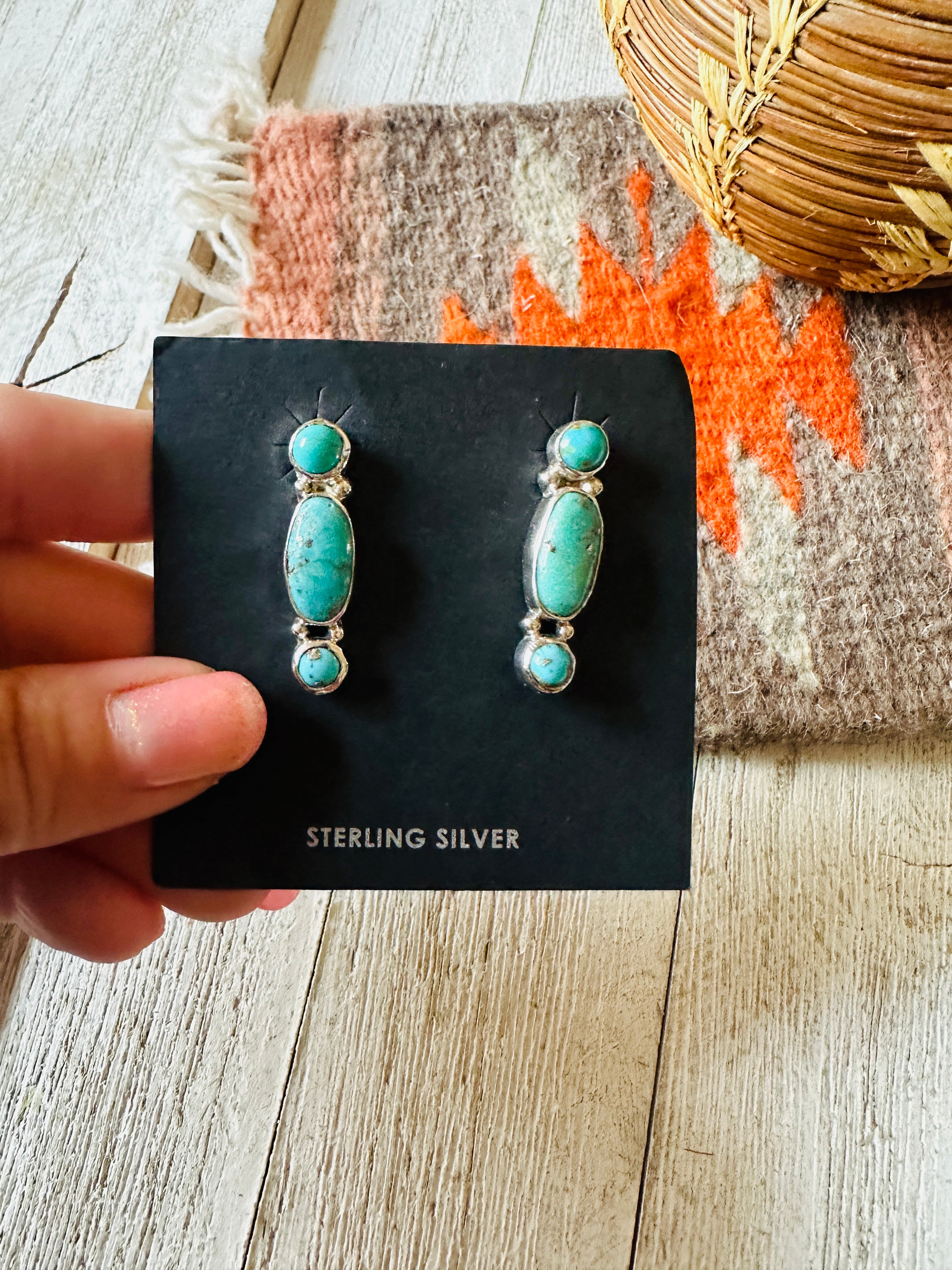 Navajo 3-Stone Turquoise And Sterling Silver Dangle Earrings