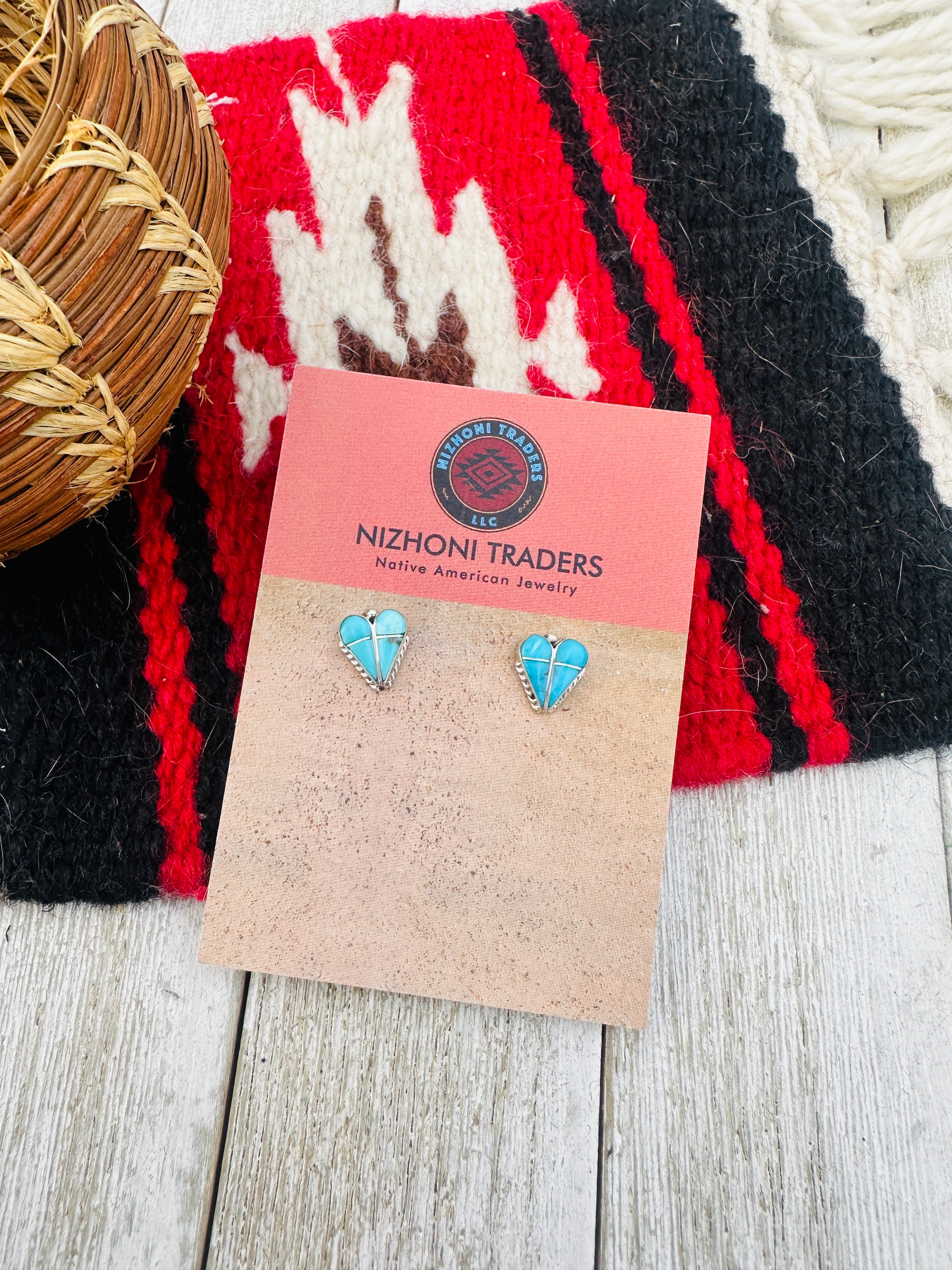 Handcrafted Turquoise & Sterling Silver Inlay Heart Stud Earrings
