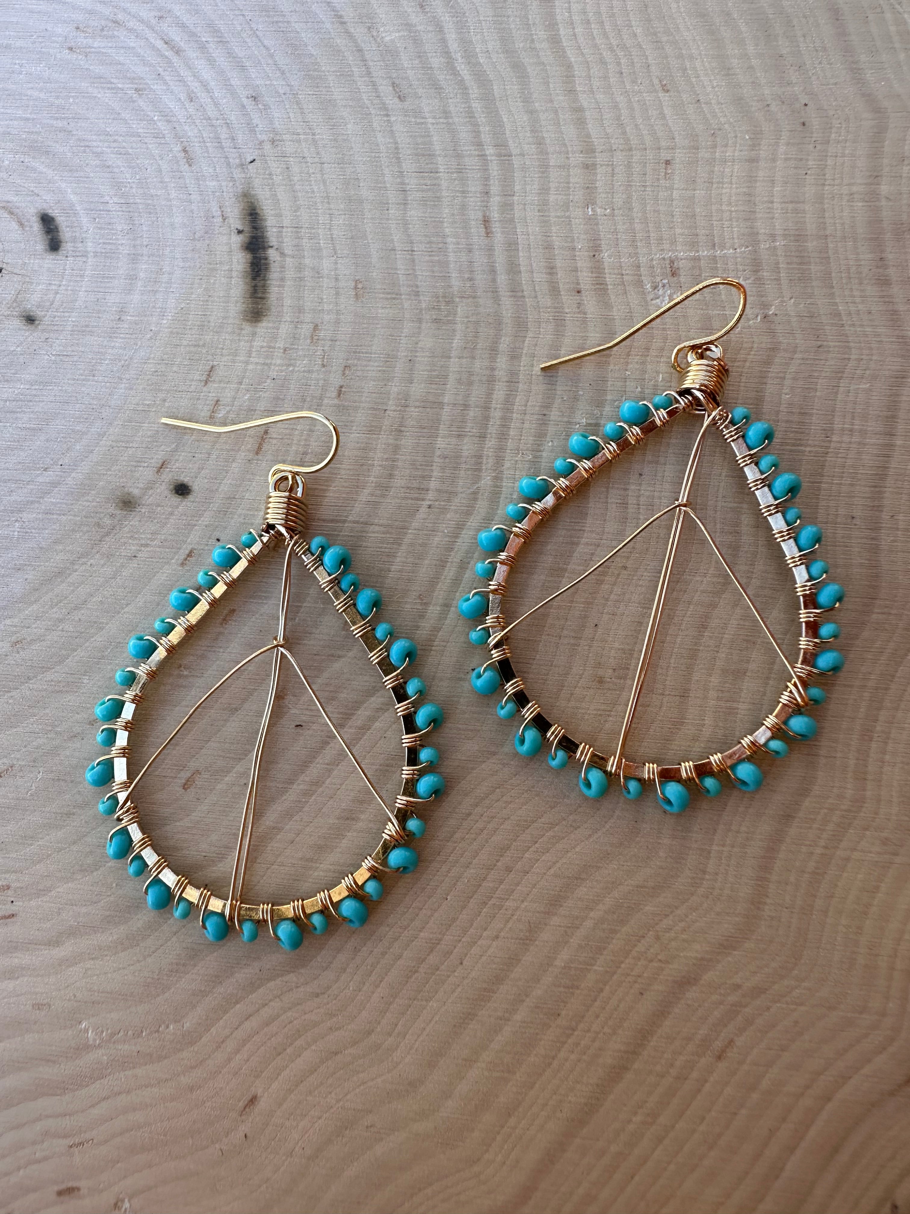 “The Golden Collection” Peace Hoop Handmade Turquoise Beaded & 14k Gold Plated Earrings