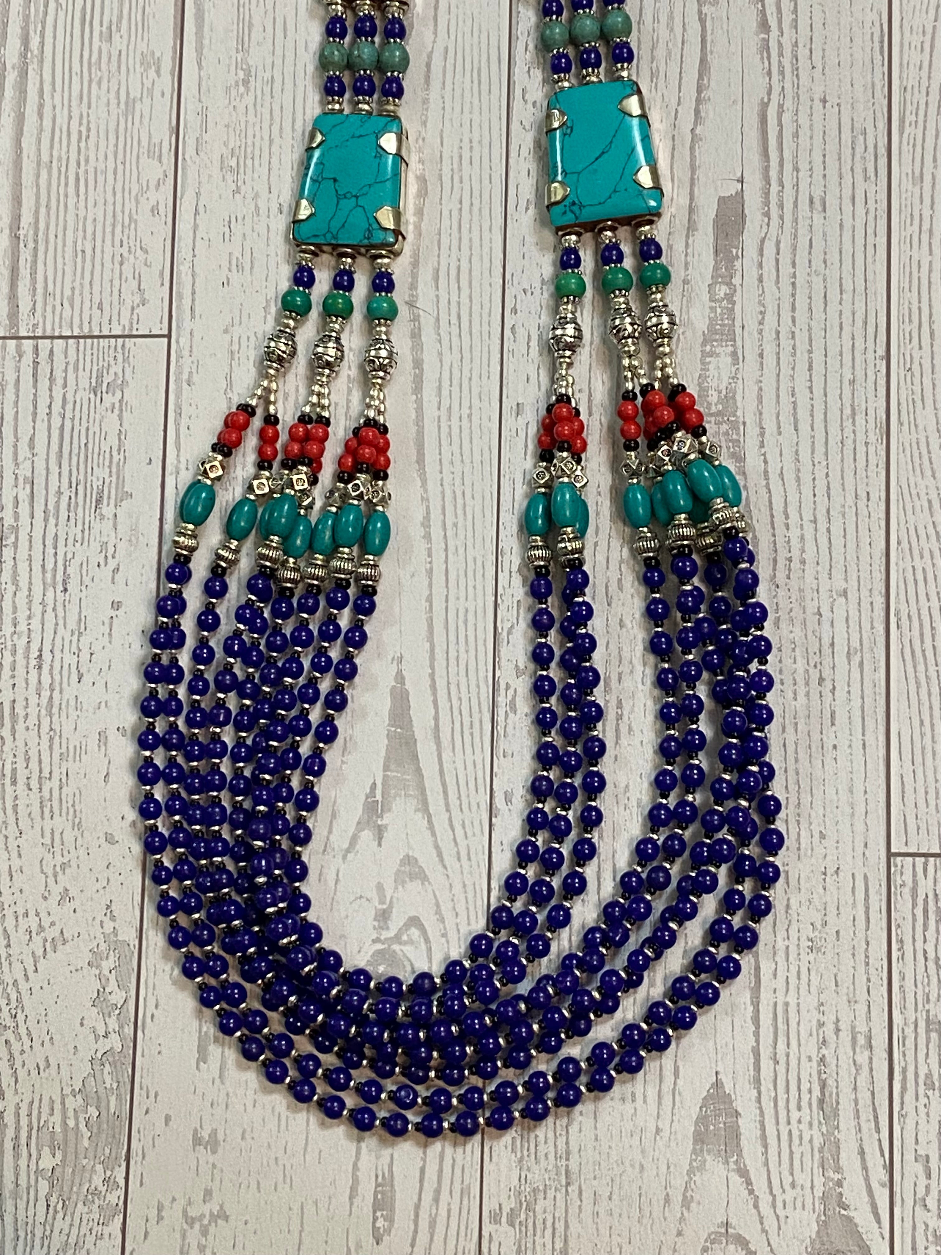 Silver Plated Tibetan Style Nine Strand Turquoise, Red Coral, & Blue Lapis Beaded Necklace