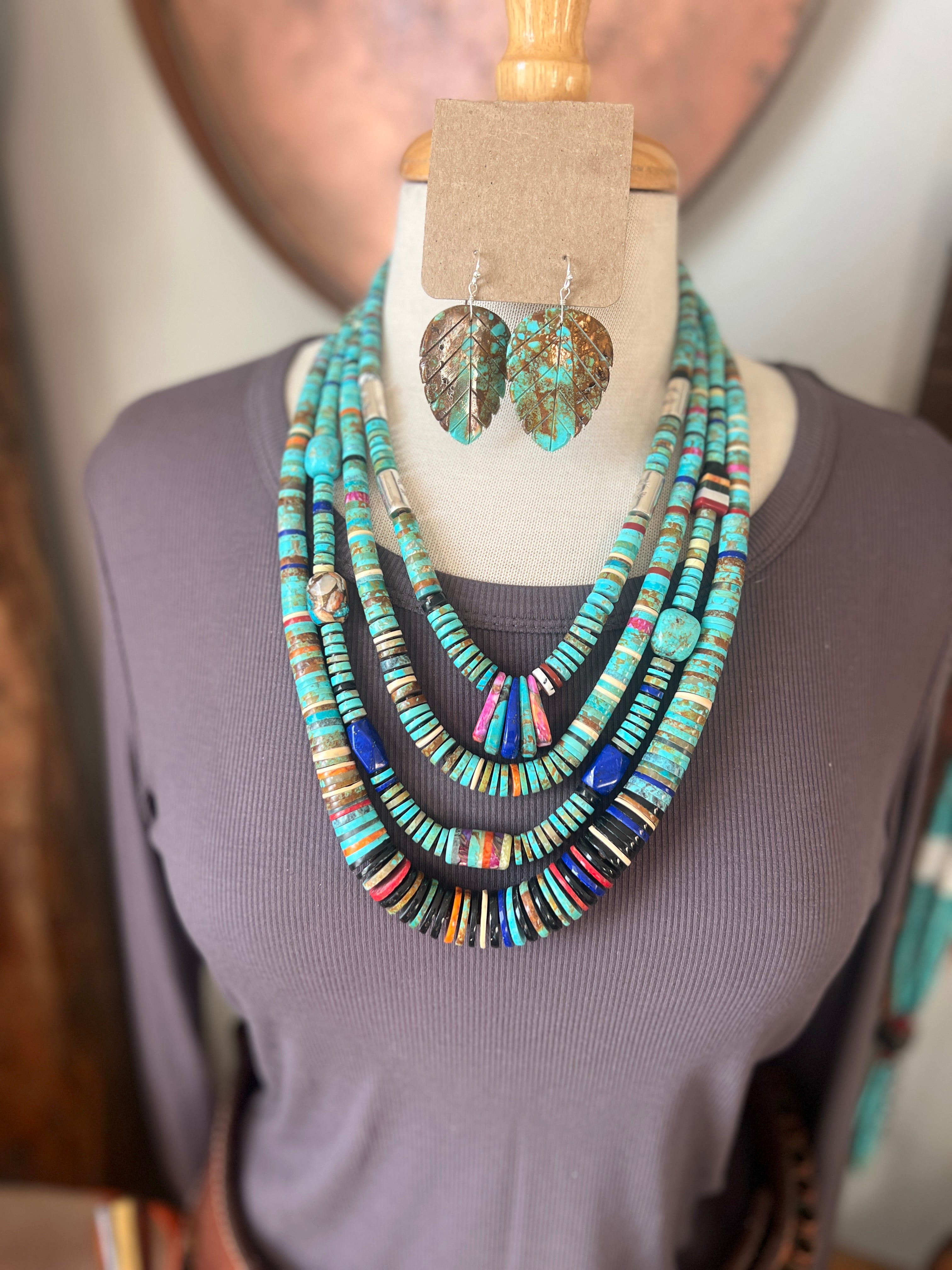 Santo Domingo Carved Turquoise Leaf Earrings by Ronald Chavez