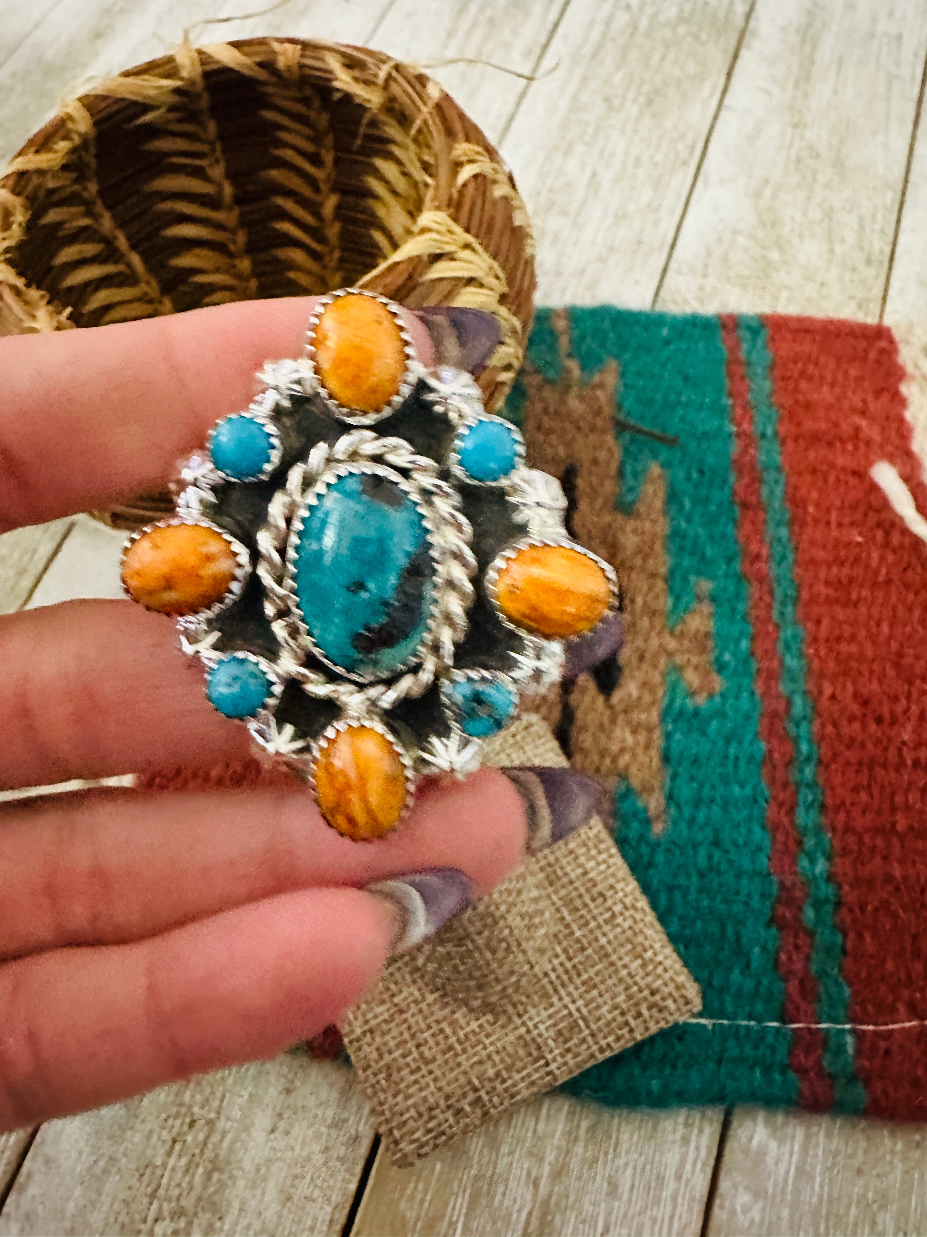 Handcrafted Turquoise, Spiny & Sterling Silver Cluster Ring size 9.5