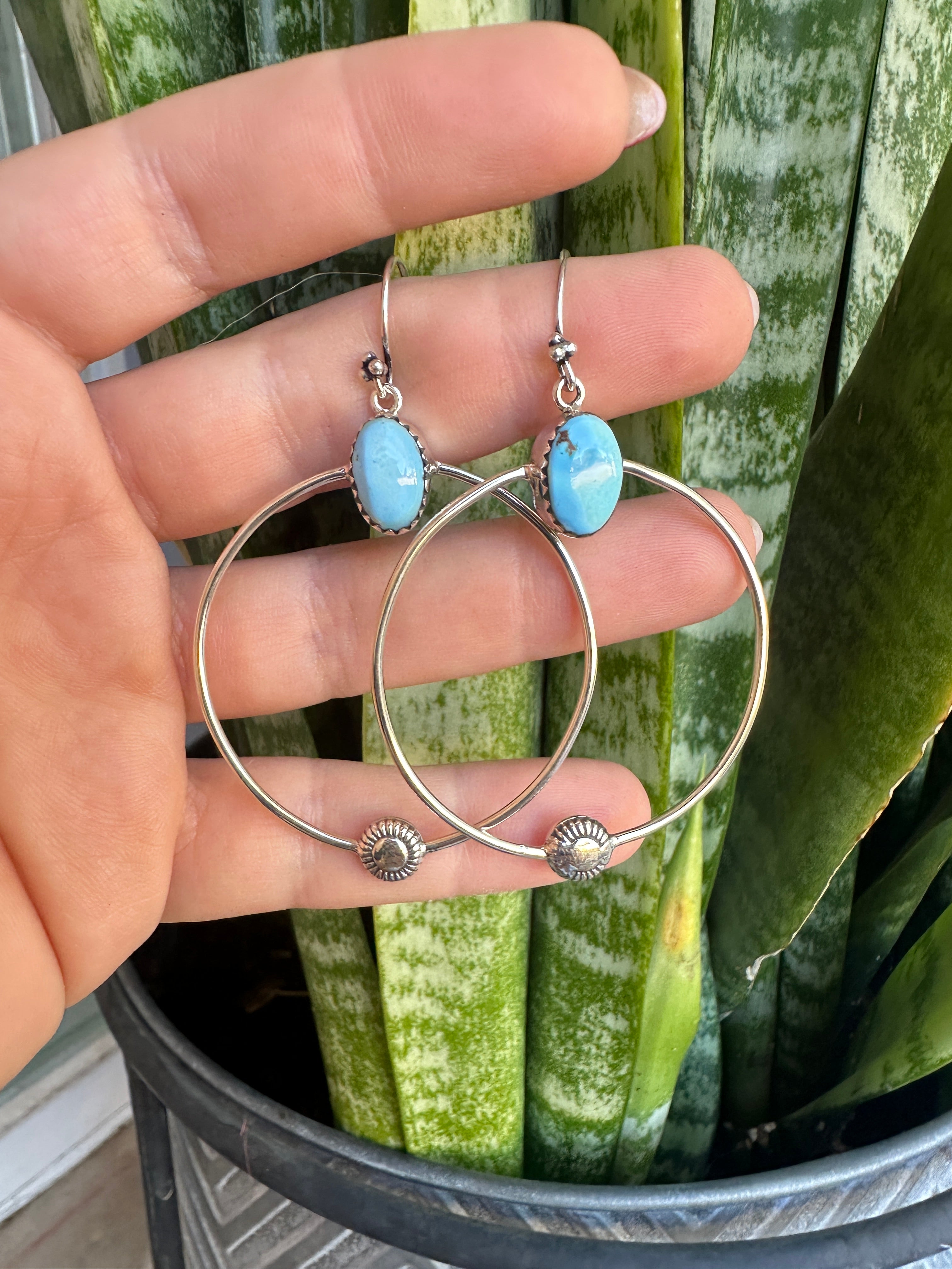 Handmade Golden Hills Turquoise & Sterling Silver Hoop Earrings Signed Nizhoni