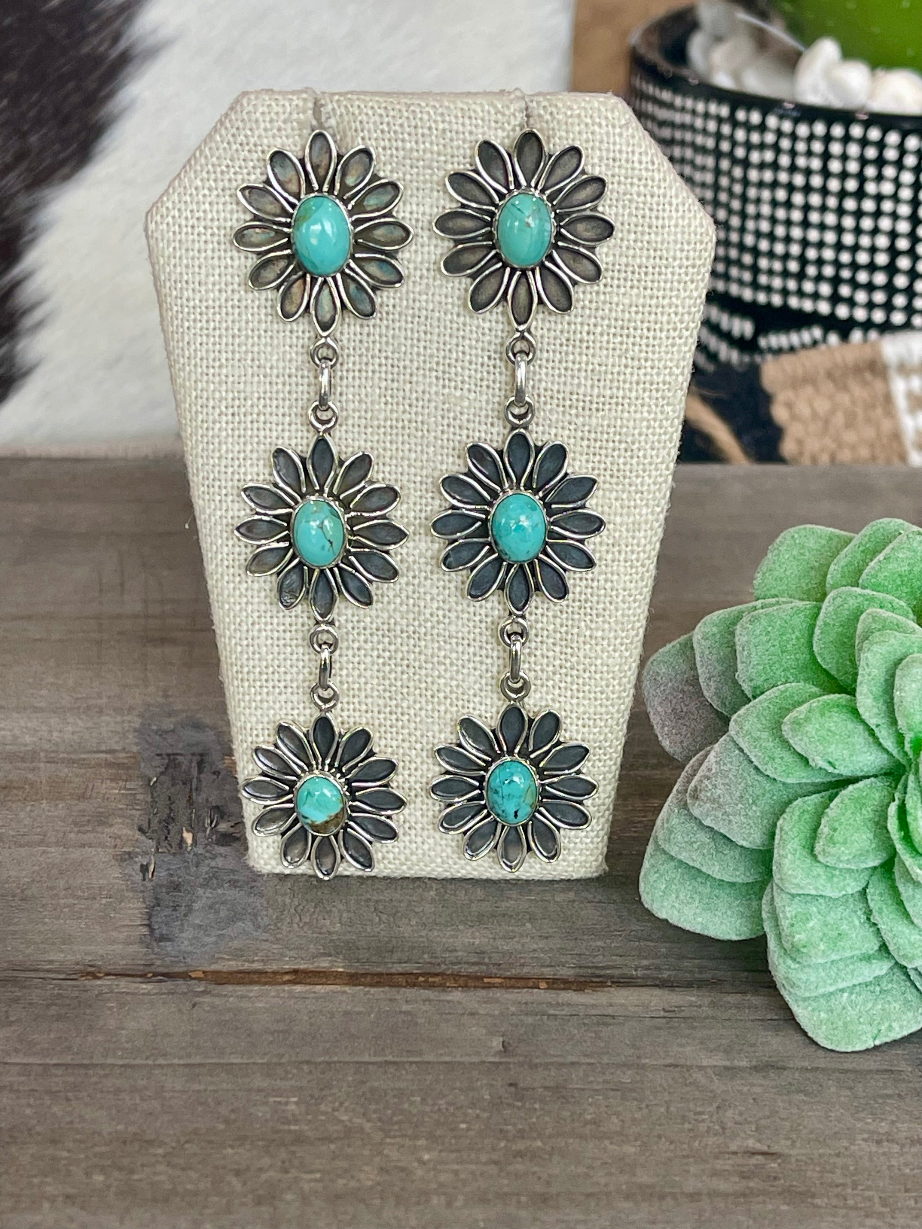 Handmade Flower Sterling Silver & Turquoise Post Dangle Earrings Signed Nizhoni