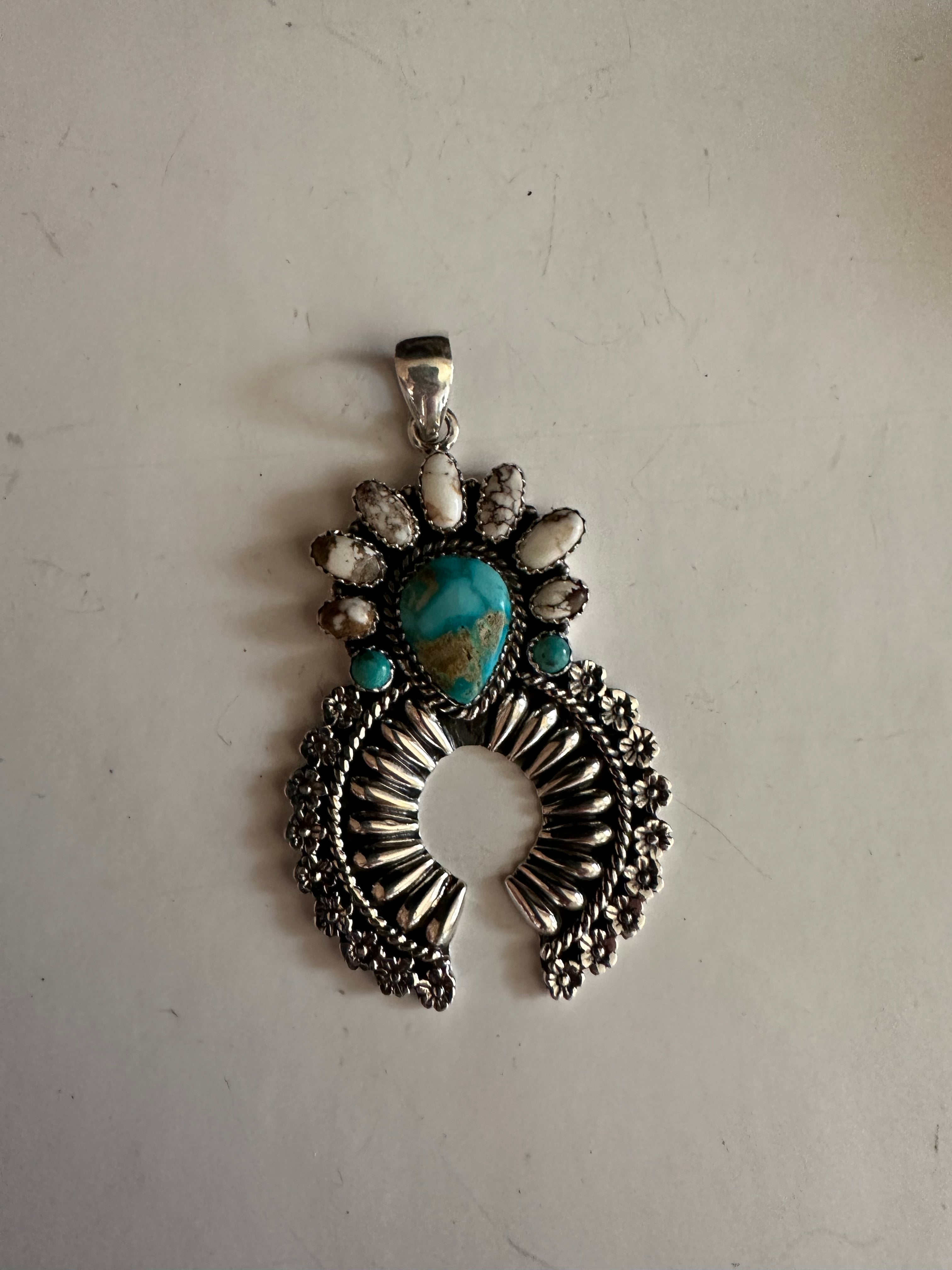 Handmade Wild Horse, Turquoise & Sterling Silver Naja Pendant Signed Nizhoni