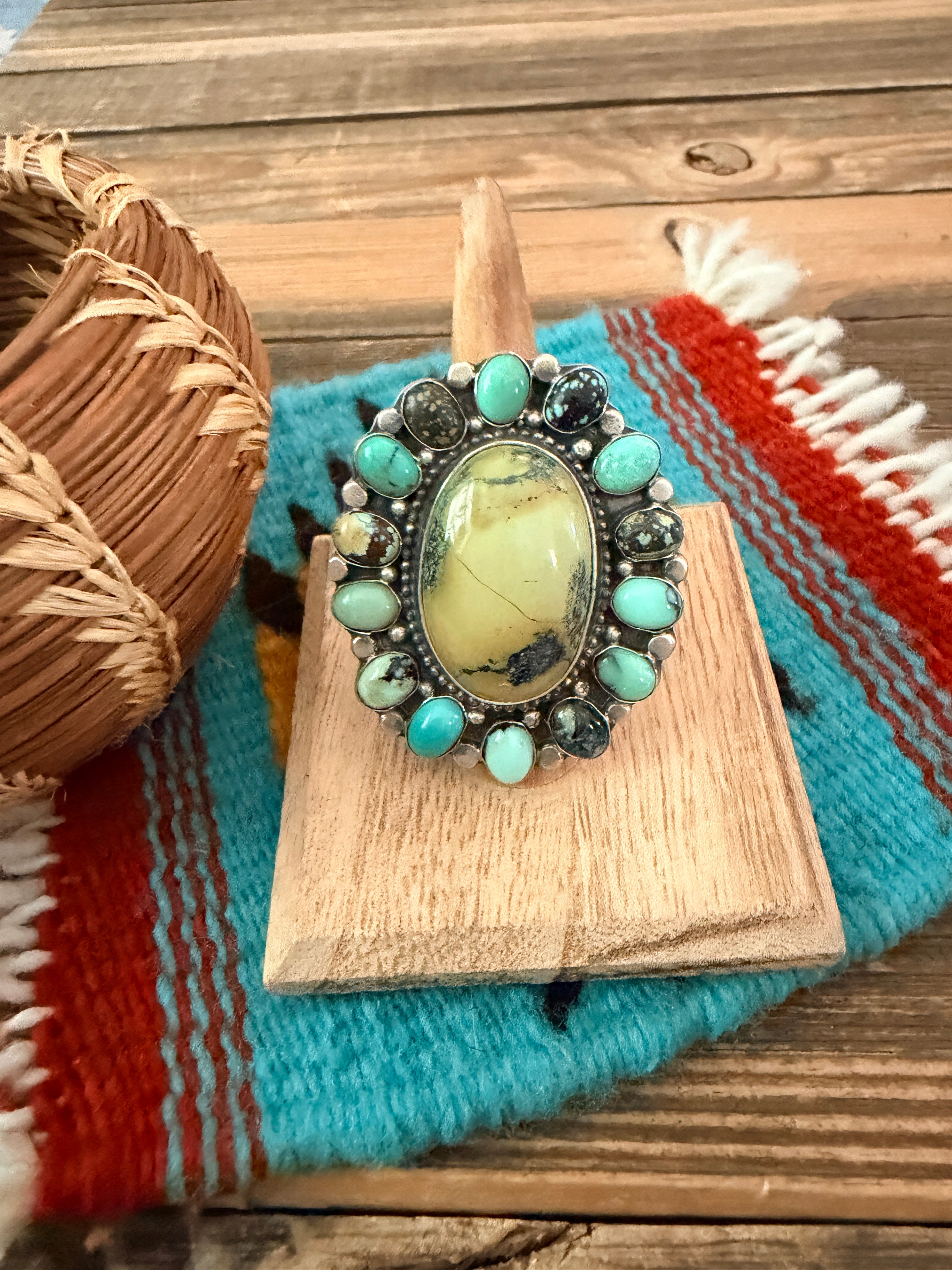 Handcrafted Multi Turquoise & Sterling Silver Cluster Ring by Sheila Becenti Size 7.25